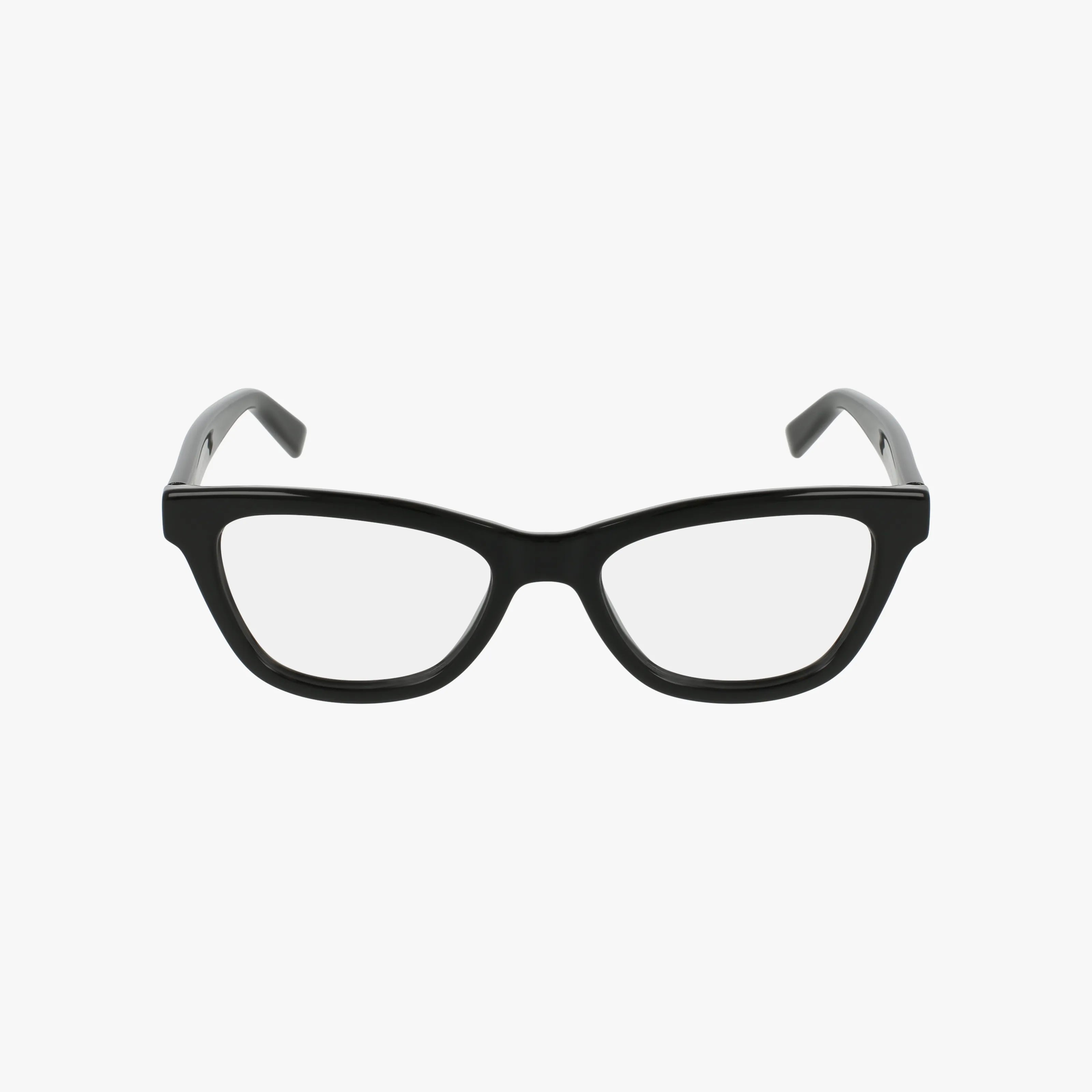 1983O black cat-eye eyeglasses with clear lenses, displayed on a white background. Featuring quality craftsmanship and a vintage-inspired, upswept design that embodies classic cat-eye style.