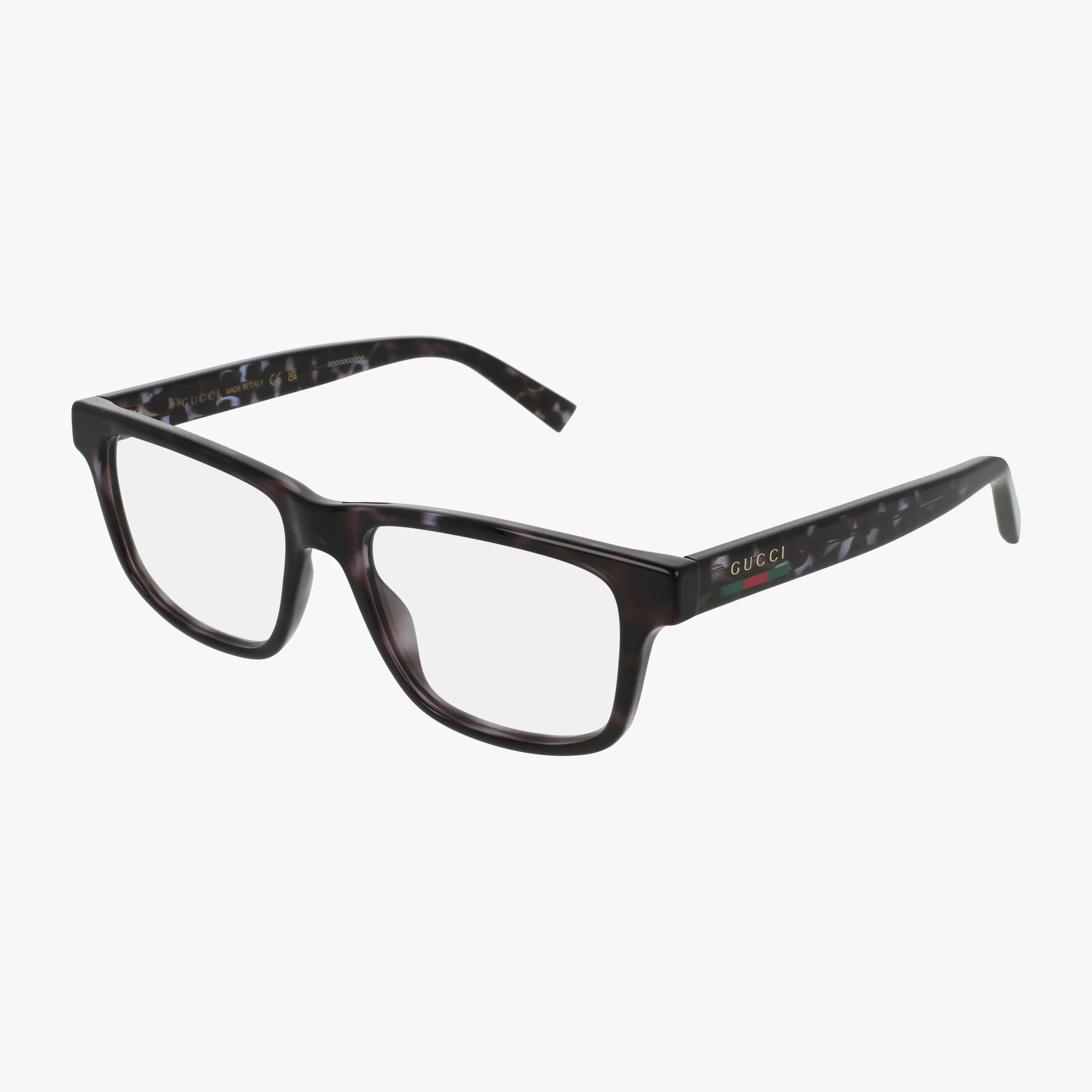 A pair of black Gucci 1987O eyeglasses featuring a stylish rectangular frame, clear lenses, and subtle gold Gucci branding on the temples, displayed against a white background.