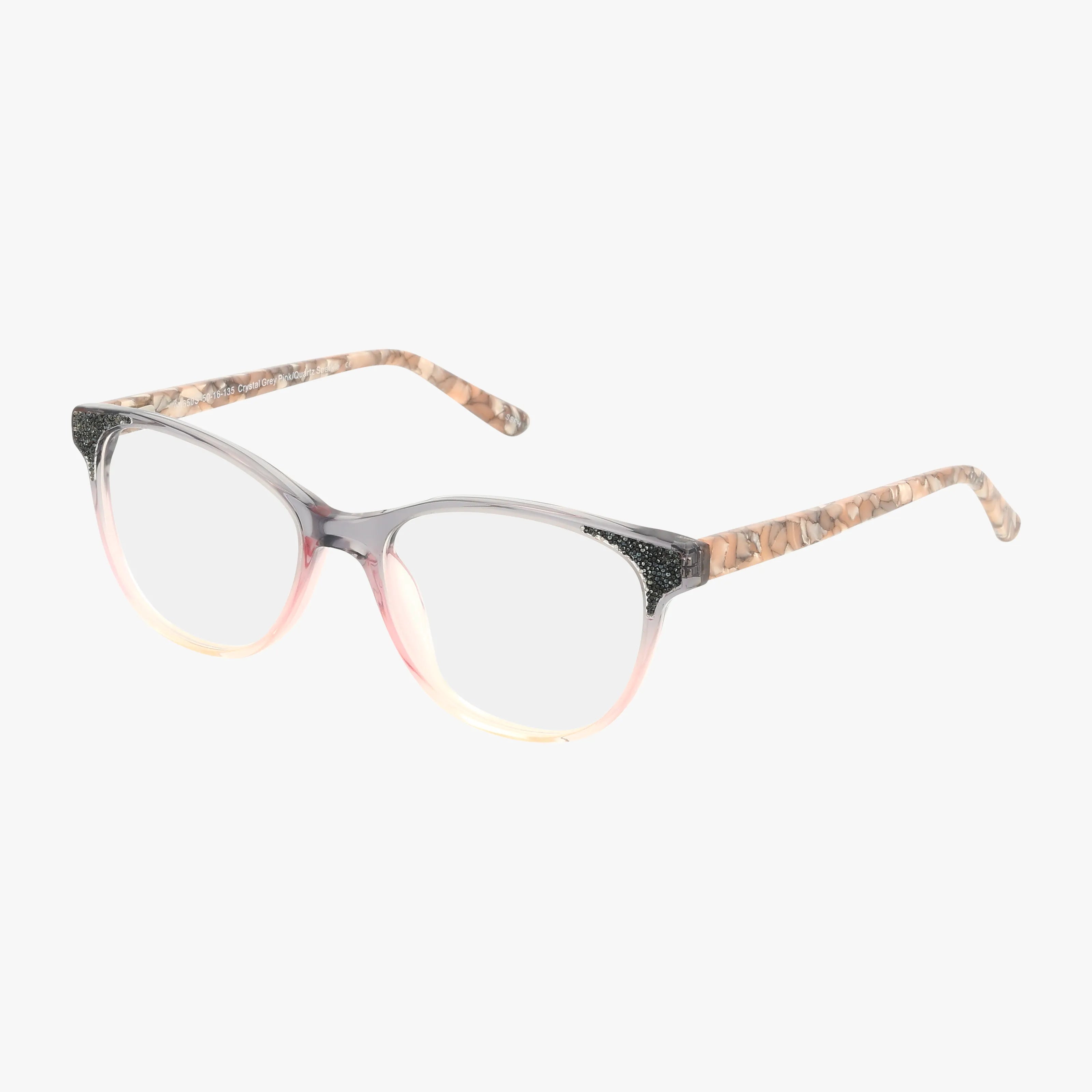 The AV650S eyeglasses feature clear lenses, round gradient pink and gray frames with black textured corners, and light brown marbled arms, offering a lightweight feel and quality craftsmanship.