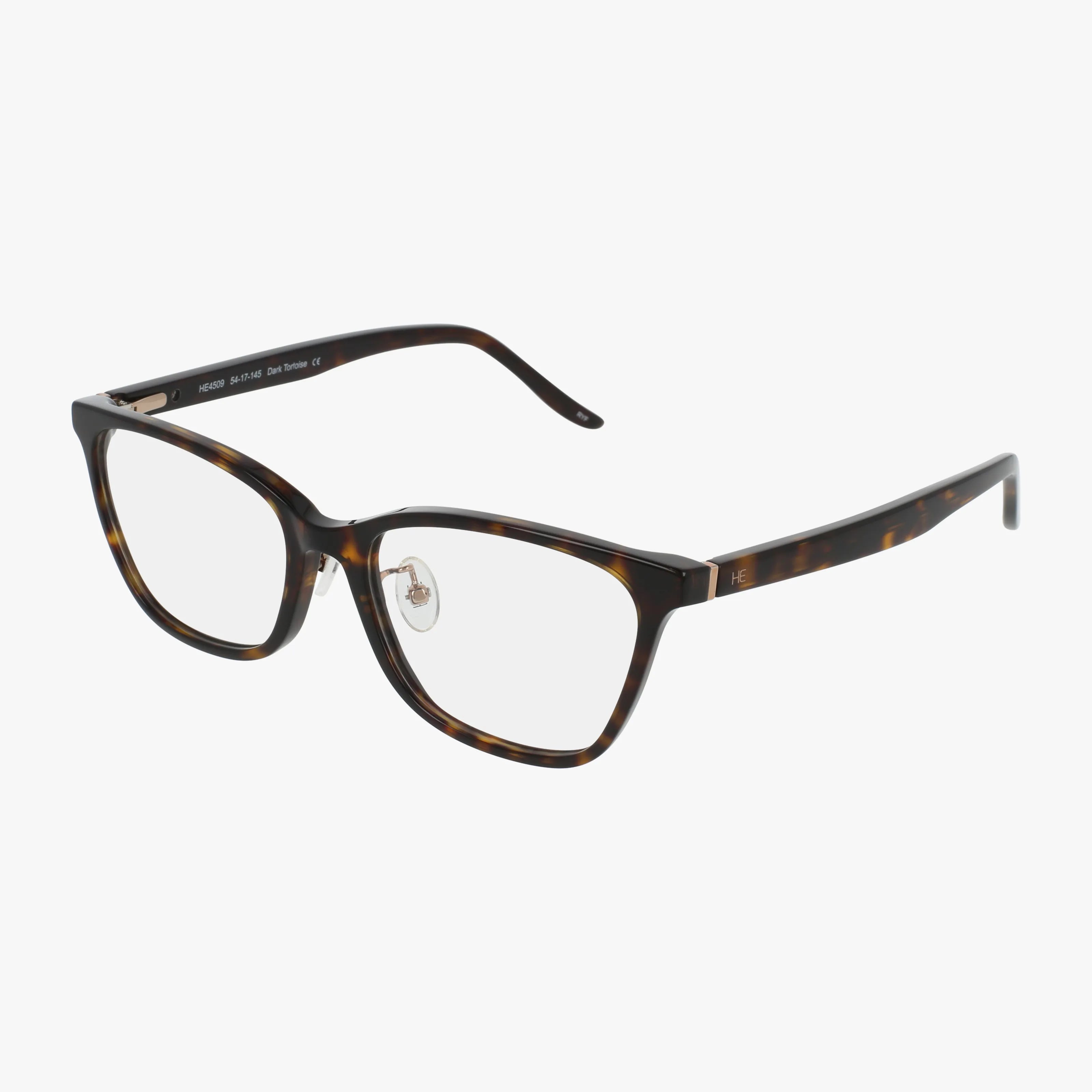HE4509 eyeglasses feature a modern tortoiseshell rectangular frame with clear lenses and subtle gold detailing on the temples, making them a sophisticated choice for everyday style.
