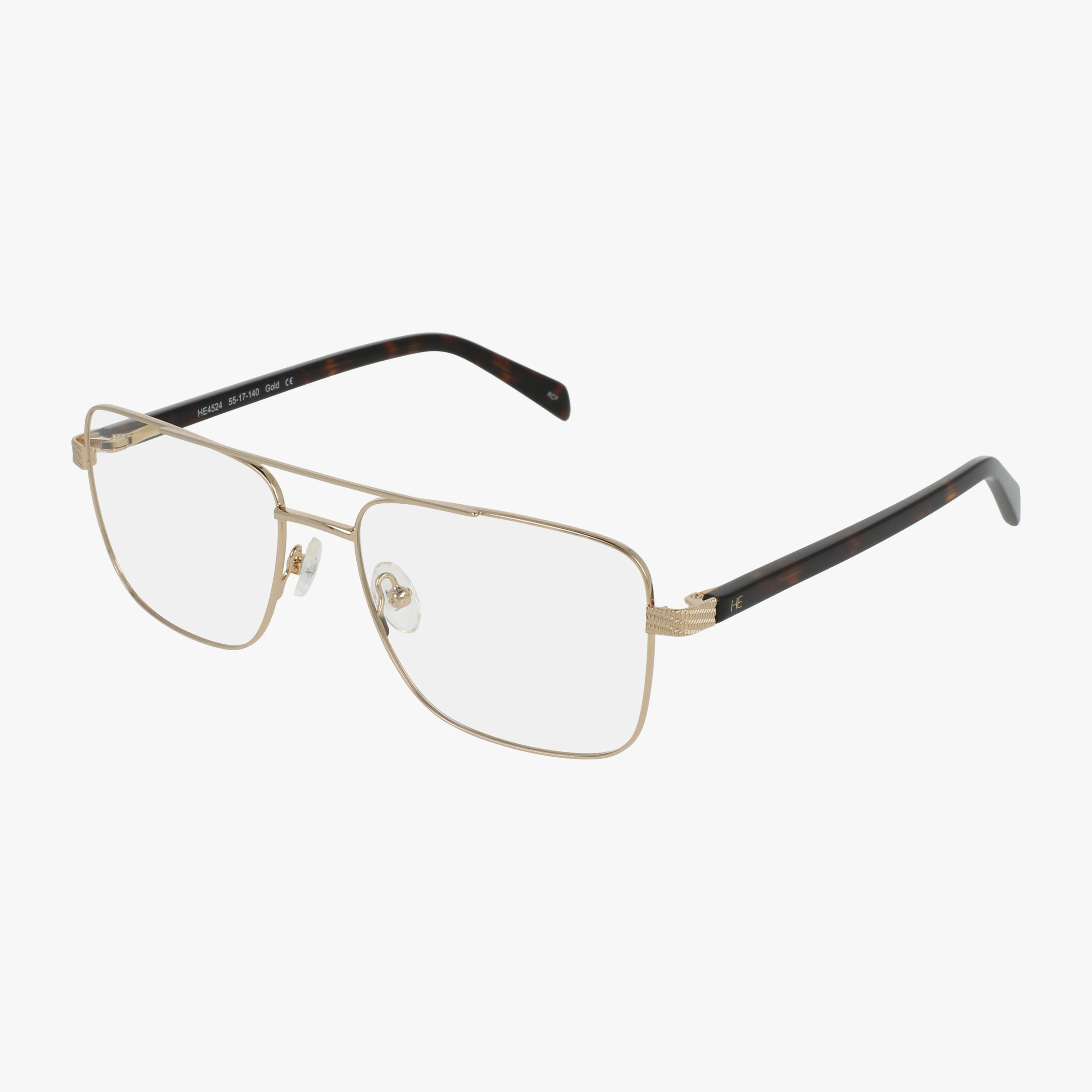 HE4524 gold rectangular eyeglasses have thin frames, adjustable nose pads, and black-brown tortoise arms, featuring clear Transitions lenses for style and strength, shown on a white background.