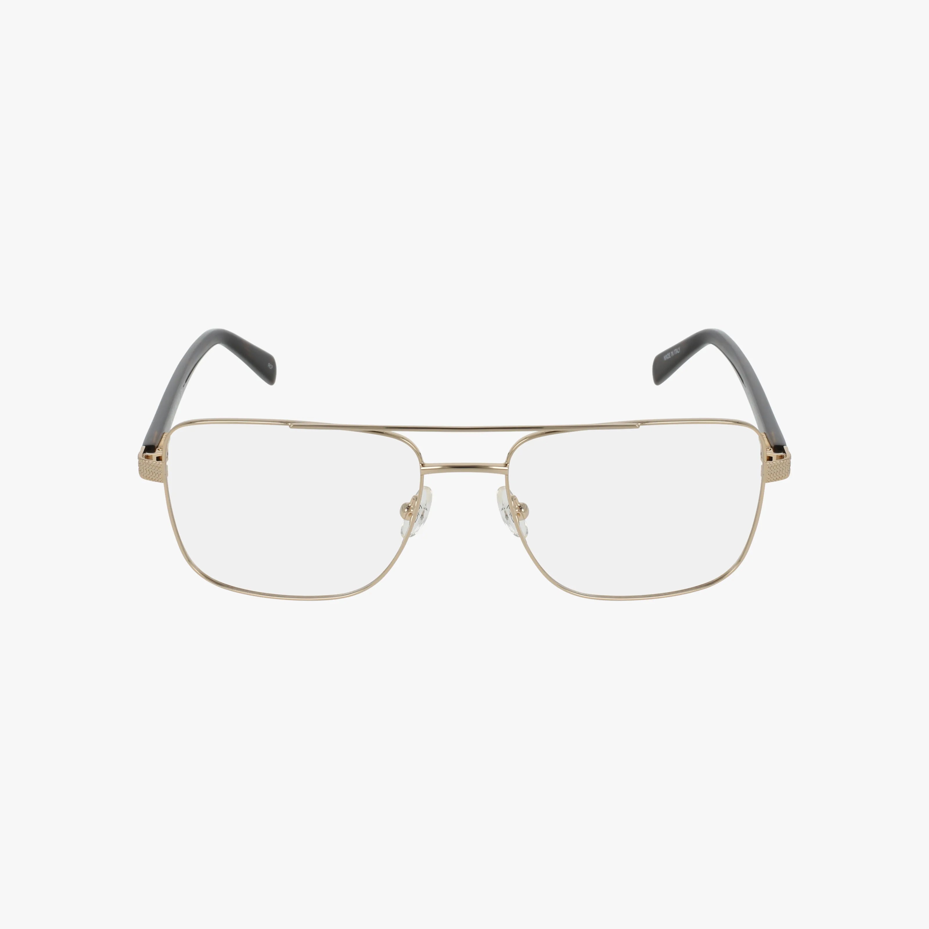 The HE4524 eyeglasses feature a gold metal aviator-style frame with clear lenses, black earpieces, and timeless style, shown against a plain white background.