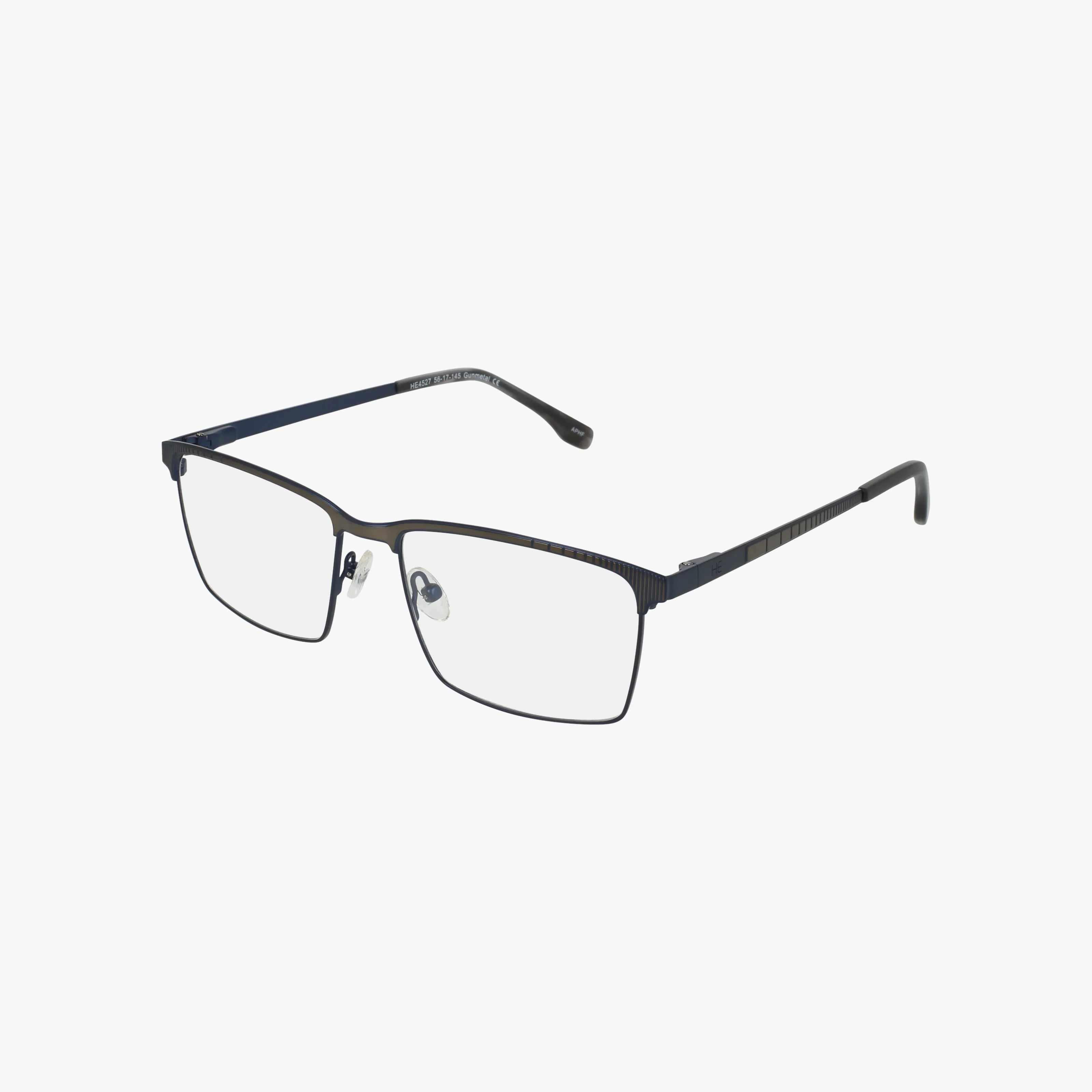 The HE4527 features rectangular, thin-framed eyeglasses with black rims and clear lenses, offering a refined look against a white background.