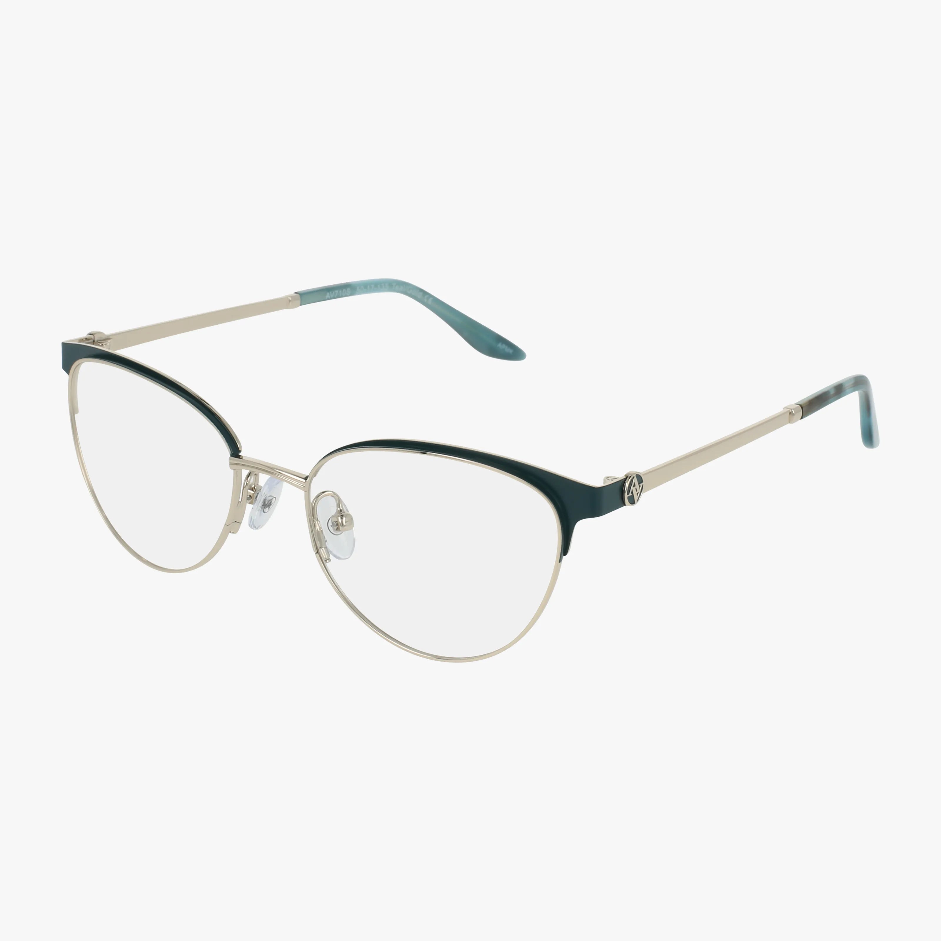 The AV710 eyeglasses feature a sleek gold metal frame with black accents on the upper rims, progressive lenses, and teal-tipped temple arms for stylish performance, displayed on a white background.