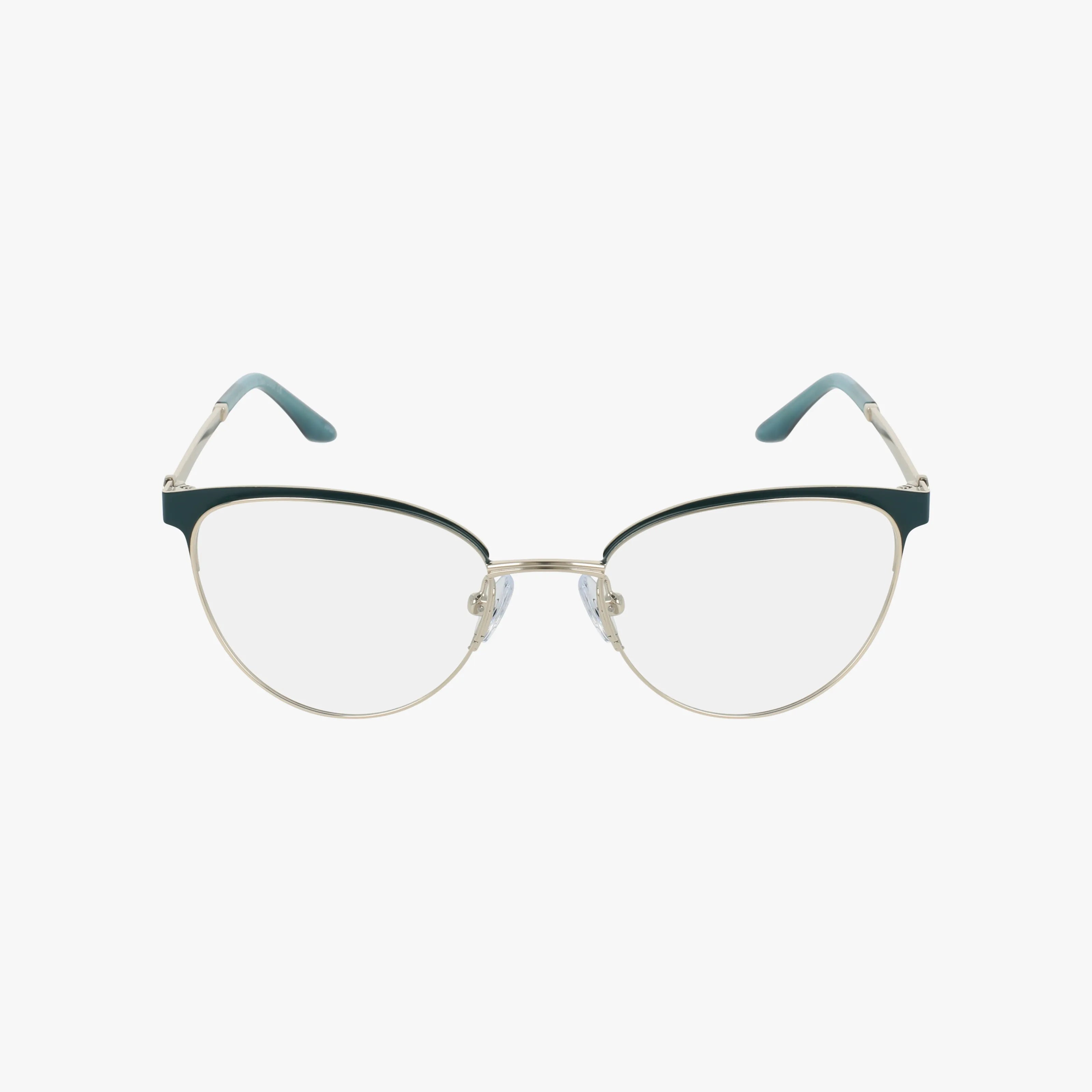 The AV710 eyeglasses feature a stylish thin gold metal frame with dark green accents on the upper rims, clear progressive lenses, and green-tipped temple arms, displayed against a plain white background.