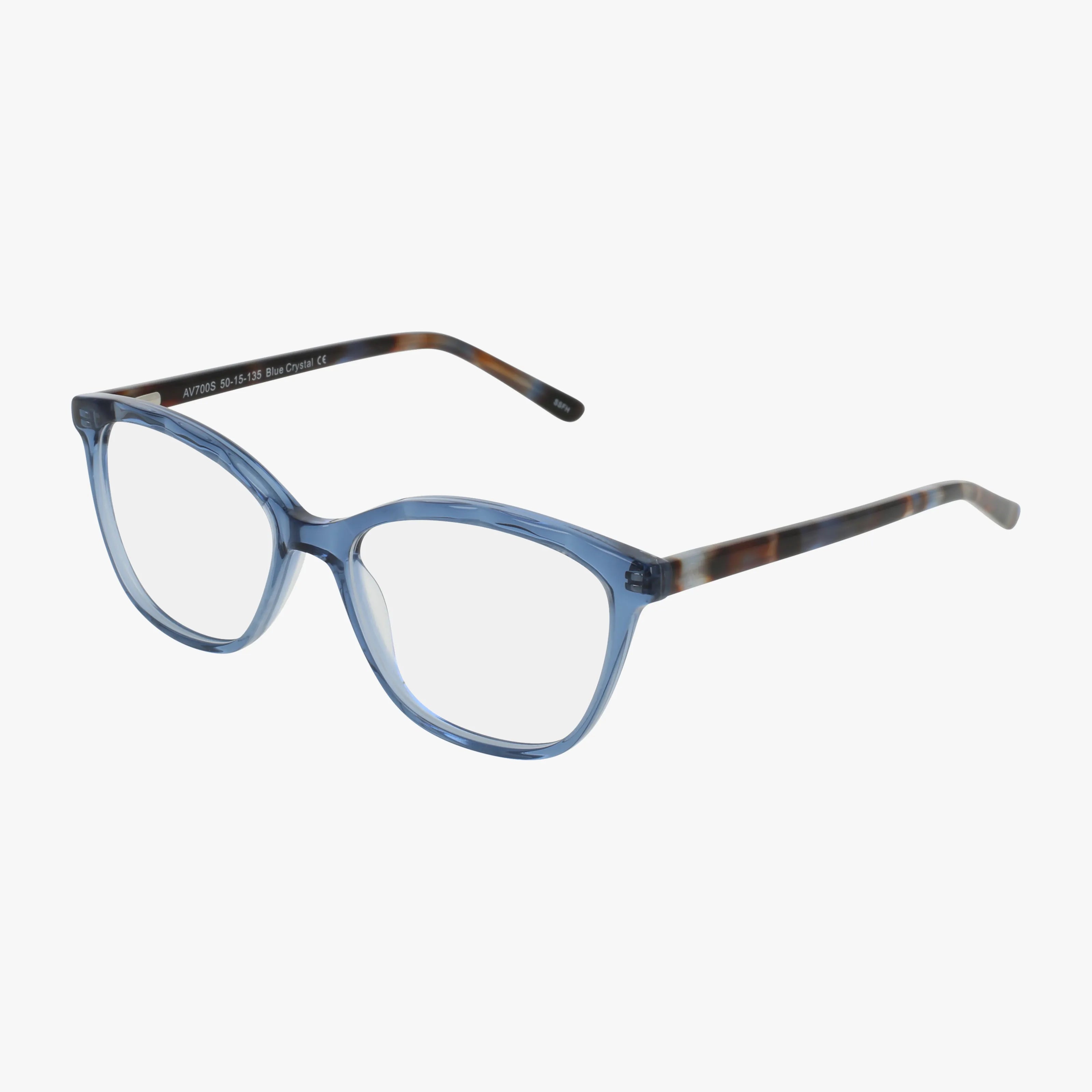 The AV700 eyeglasses feature round transparent blue frames with tortoiseshell-patterned arms, offering lightweight construction and quality craftsmanship. Displayed on a white background.