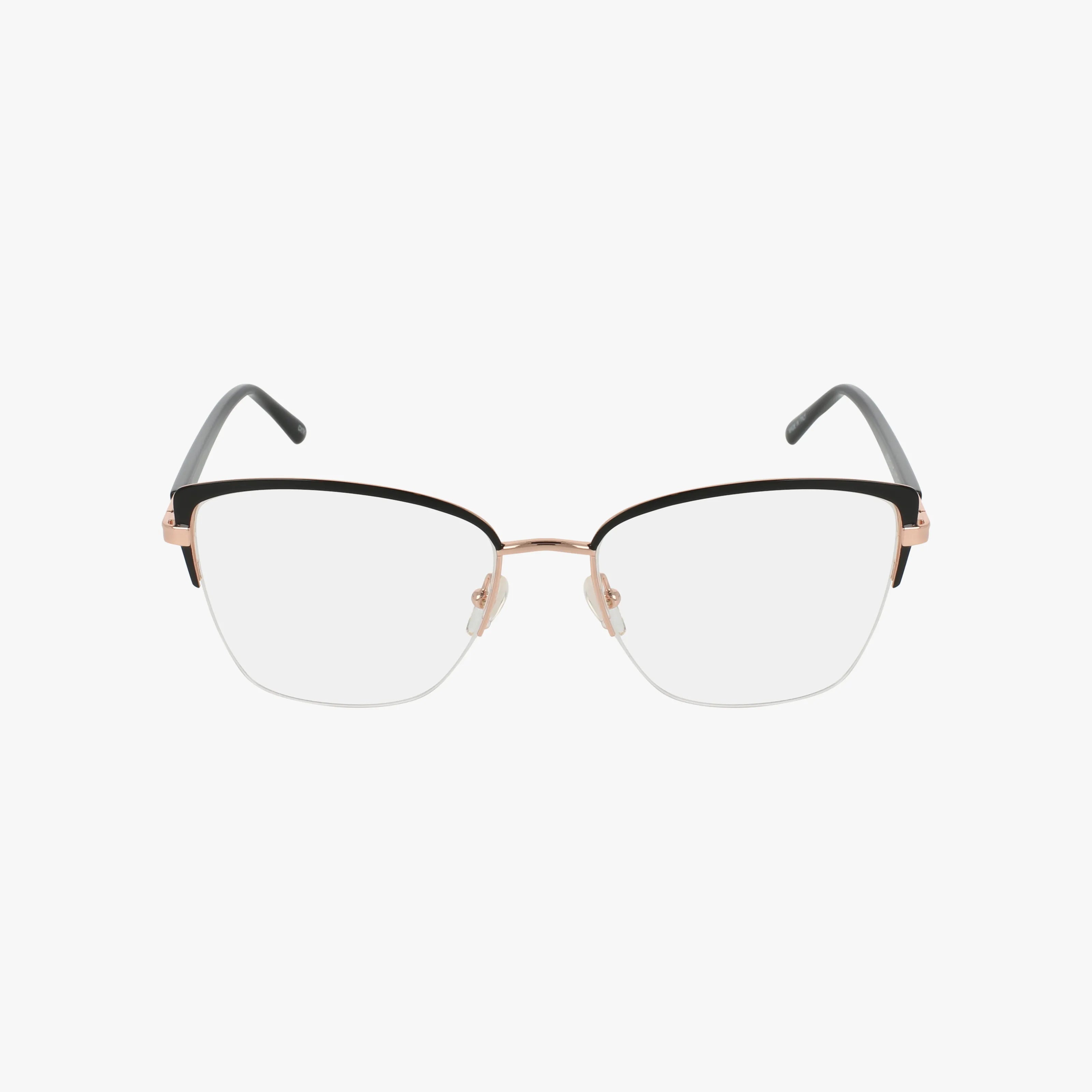 The AV1366 eyeglasses offer a timeless look with a black upper rim, rose gold bridge and hinges, clear lenses, and black curved temples. The rimless lower half enhances the classic style.