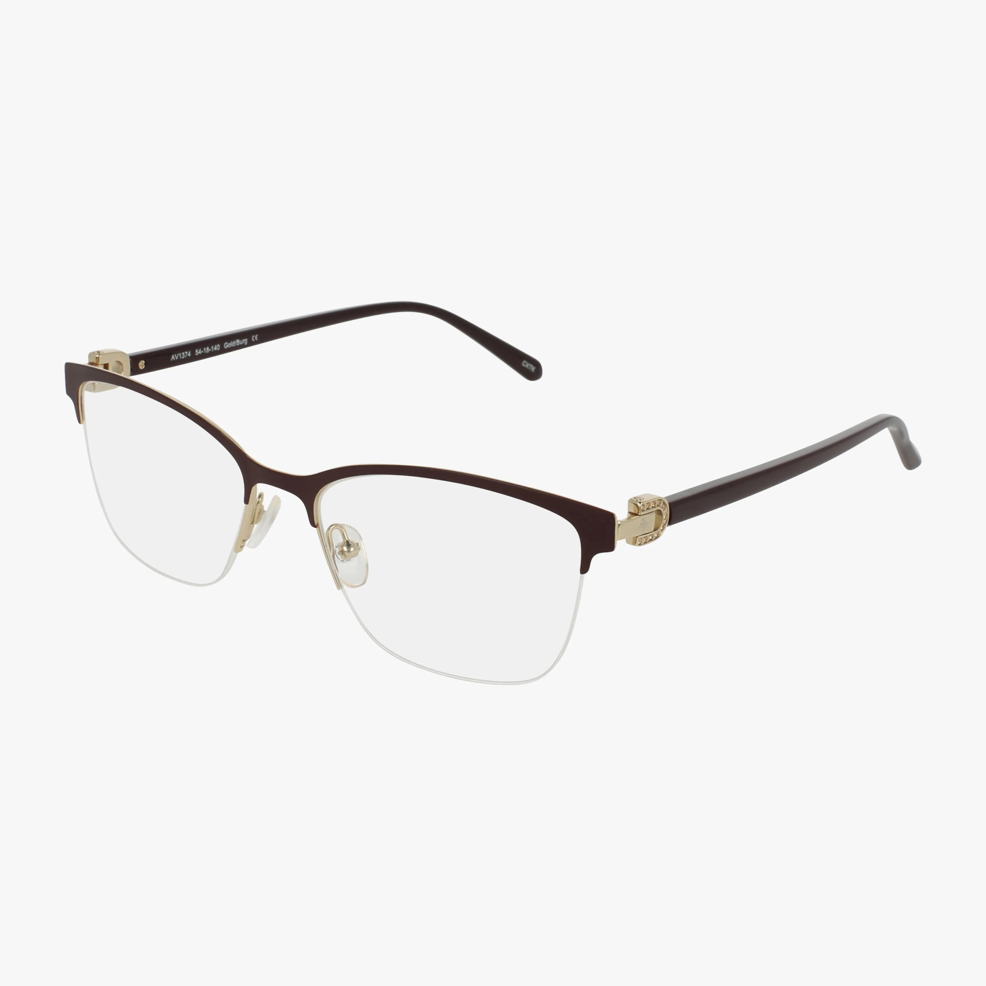 The AV1374 semi-rimless eyeglasses feature a dark brown top frame, gold accents on the hinges and nose pads, and slender dark temples in a lightweight design, displayed on a white background.