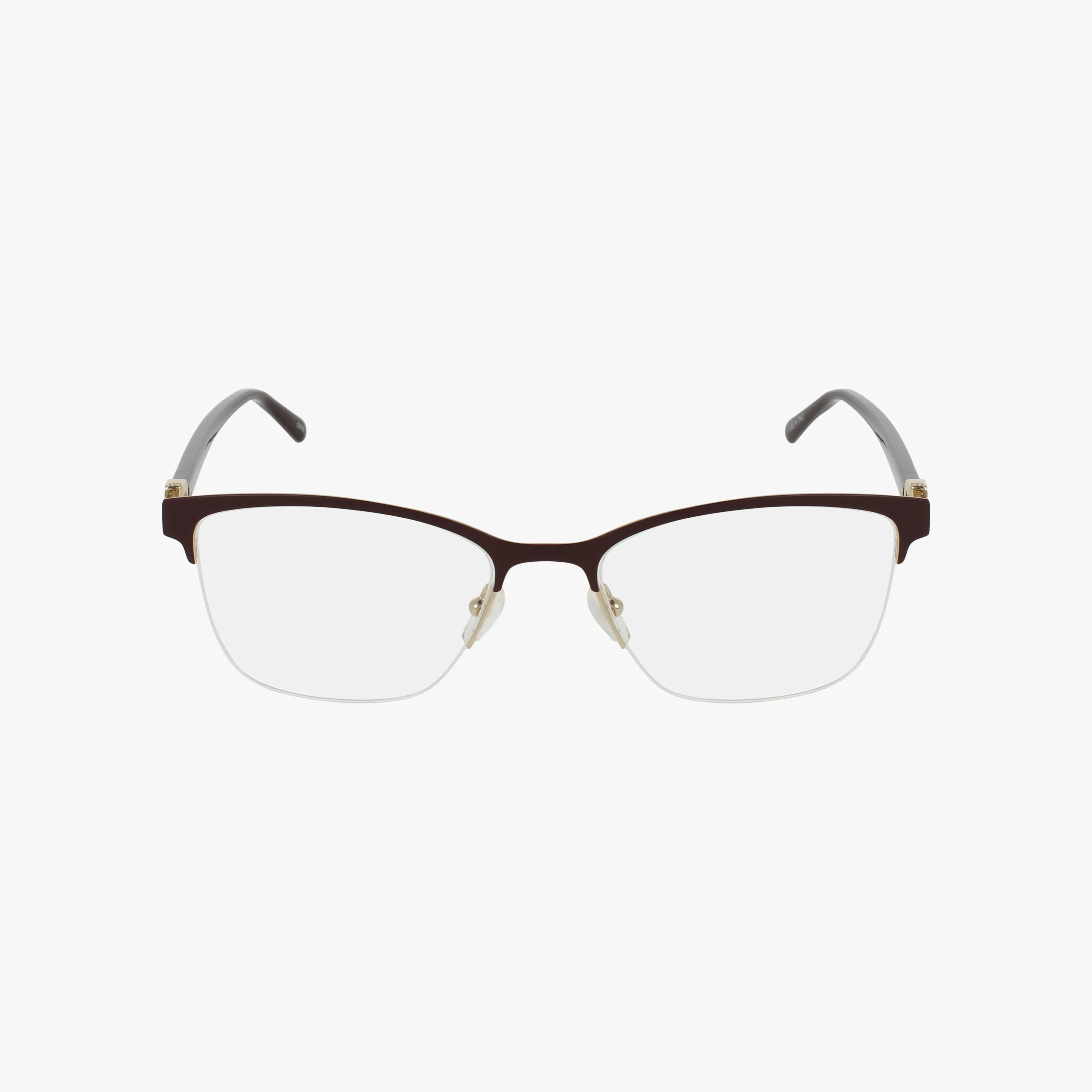 The AV1374 eyeglasses feature a semi-rimless, lightweight brown metal frame with clear lenses, nose pads, and gray temple tips. Shown against a plain white background.