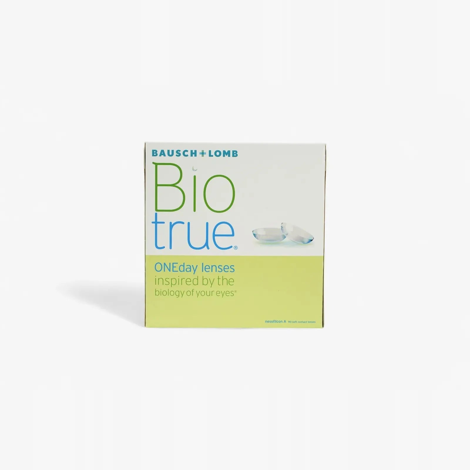 A box of Biotrue Oneday - 90 Pack contact lenses with green and blue text on a white background, displaying two daily disposable lenses on the front.