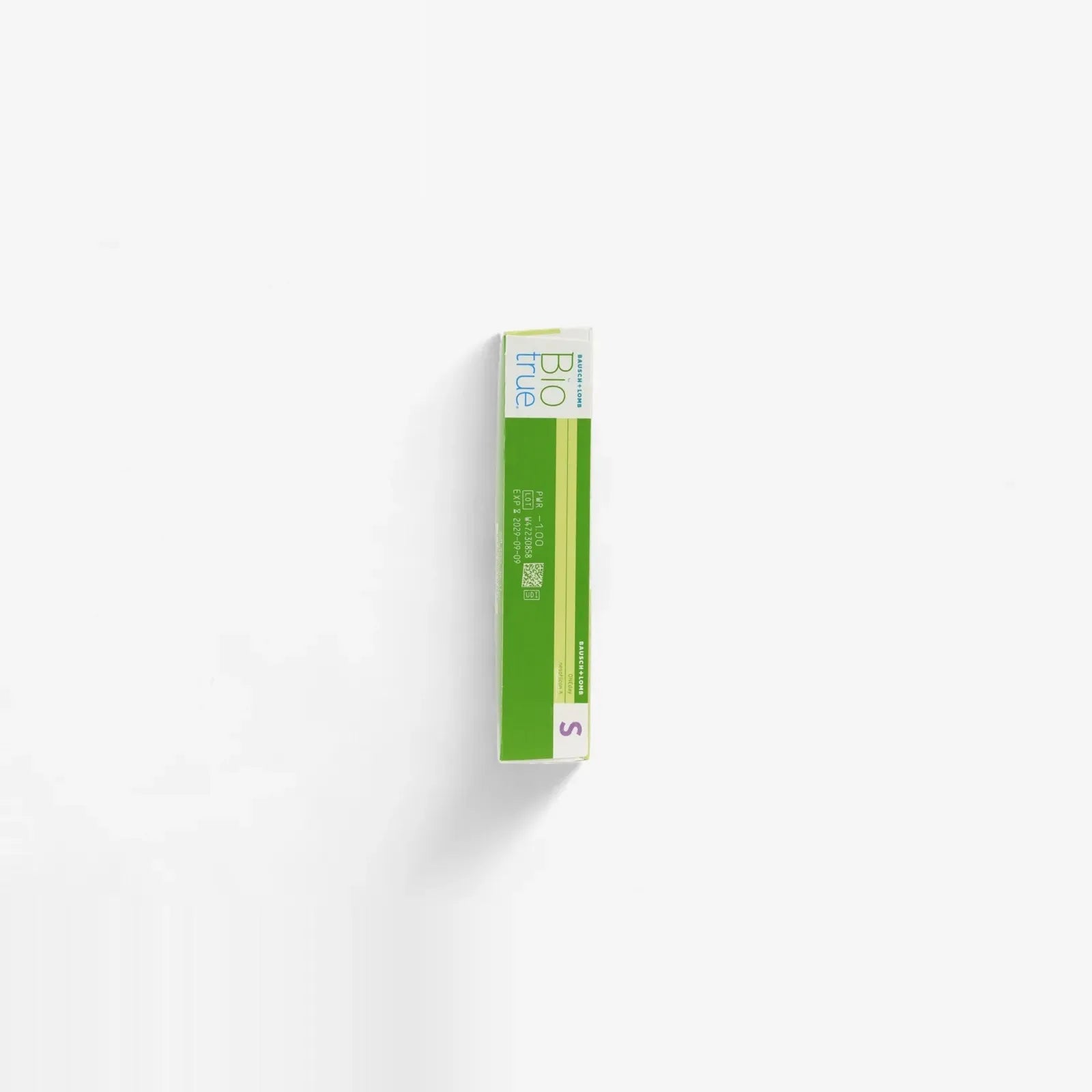 A green and white rectangular box of Biotrue Oneday - 90 Pack contact lenses stands upright on a white background, featuring the Biotrue logo, brand details, and daily disposable contacts information on the top and side.