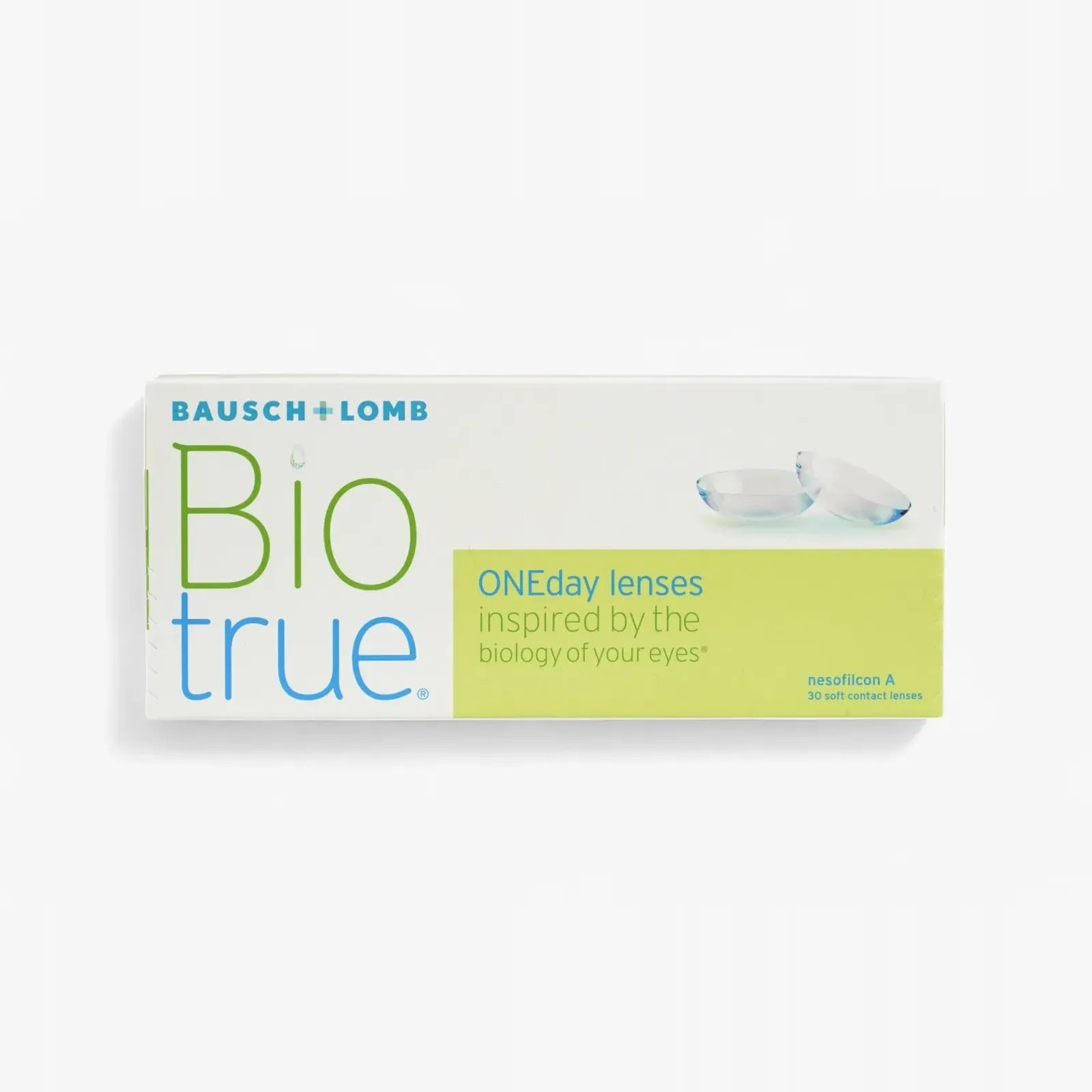 A box of Biotrue Oneday - 30 Pack daily disposable contact lenses with text and an image of two lenses on a light background. The packaging is mainly white with green and blue accents.
