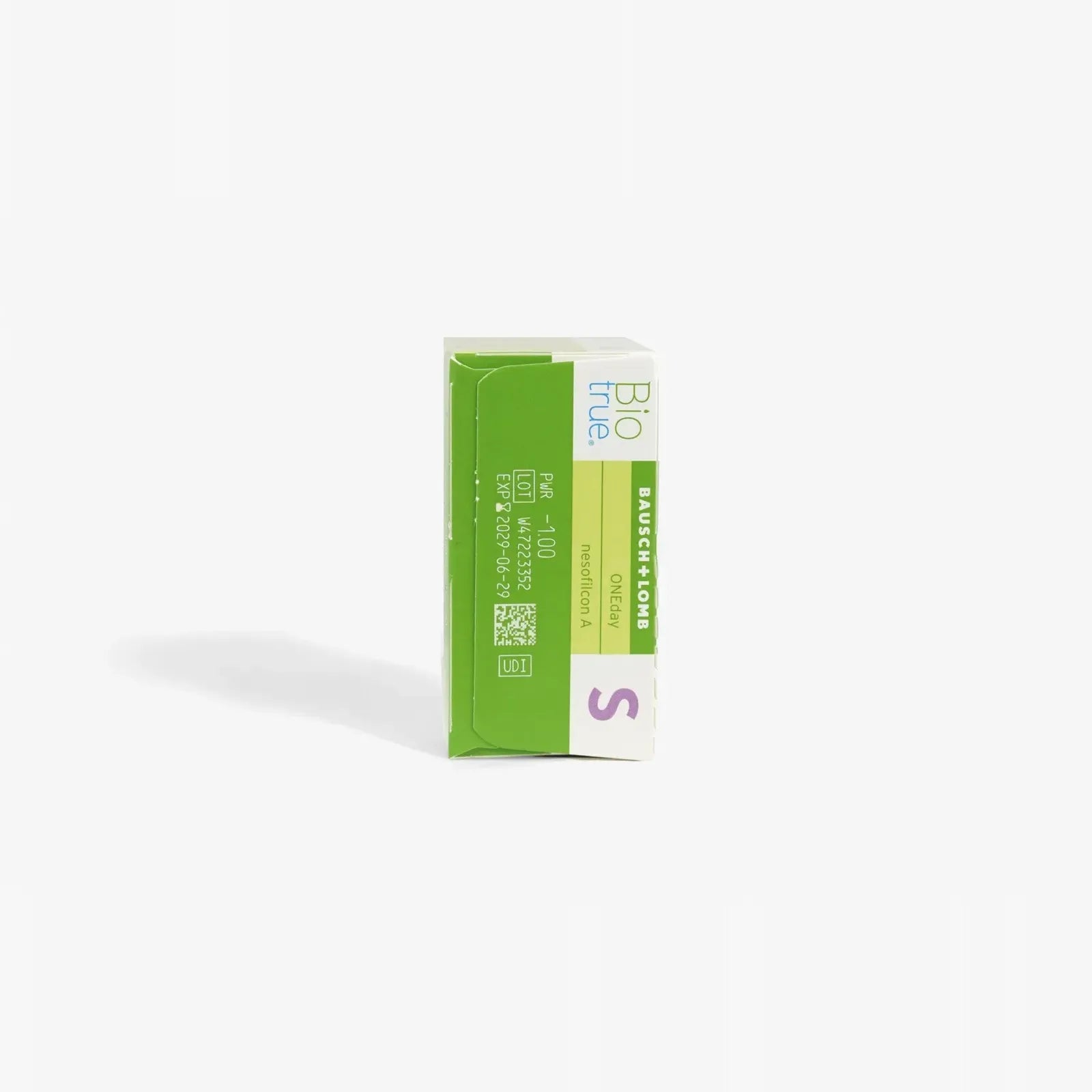 A green and white box labeled BioTrue, Bausch + Lomb, with a purple S is shown upright. The Biotrue Oneday - 30 Pack contains daily disposable contact lenses with UVA/UVB blocking protection.