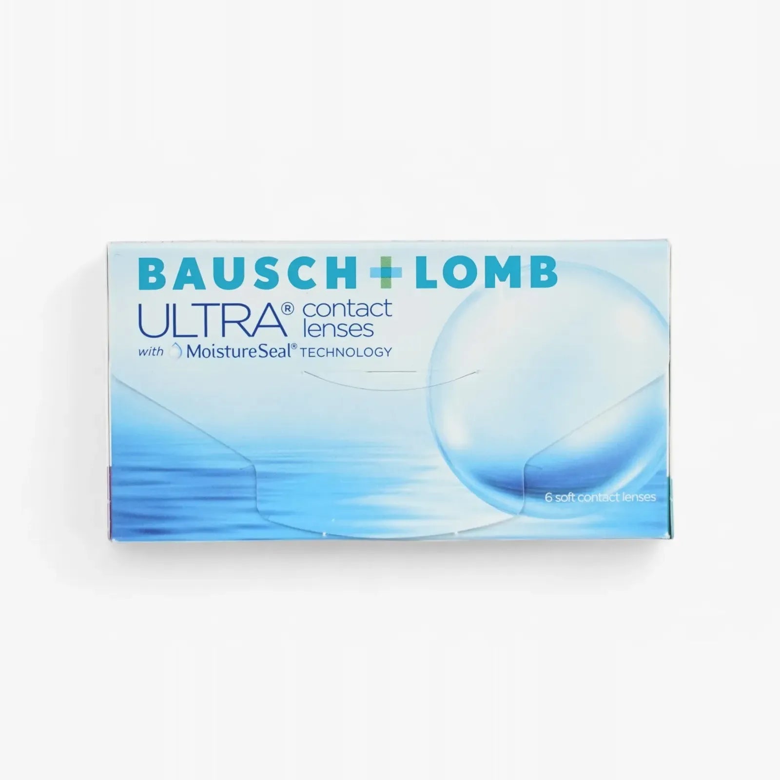 A box of Ultra - 6 Pk monthly contact lenses with MoistureSeal Technology, packaged with a large blue sphere and water-themed background.