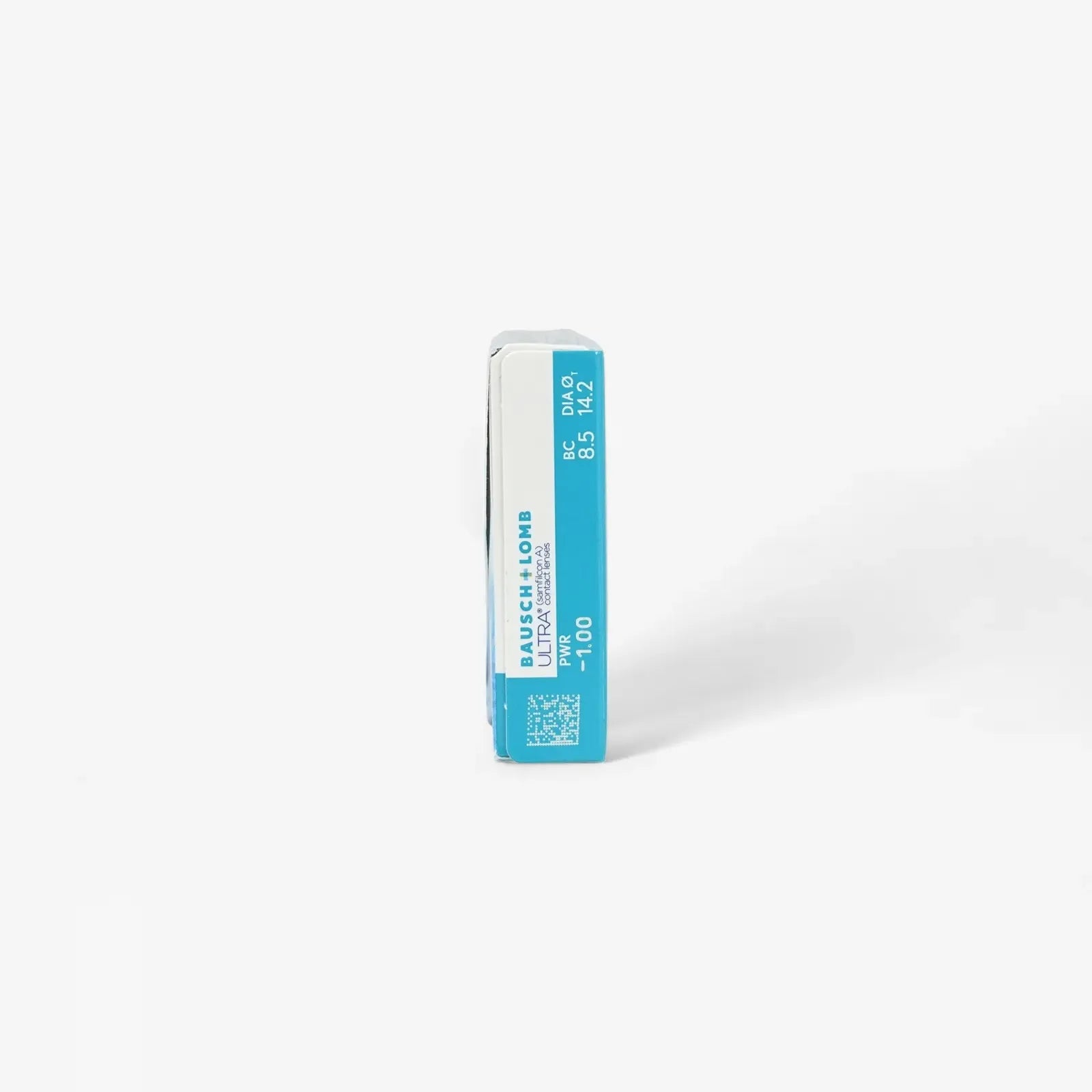 A blue and white rectangular box of Ultra - 6 Pk monthly contact lenses stands upright on a plain white background, showcasing product details, a side QR code, and featuring innovative MoistureSeal technology.