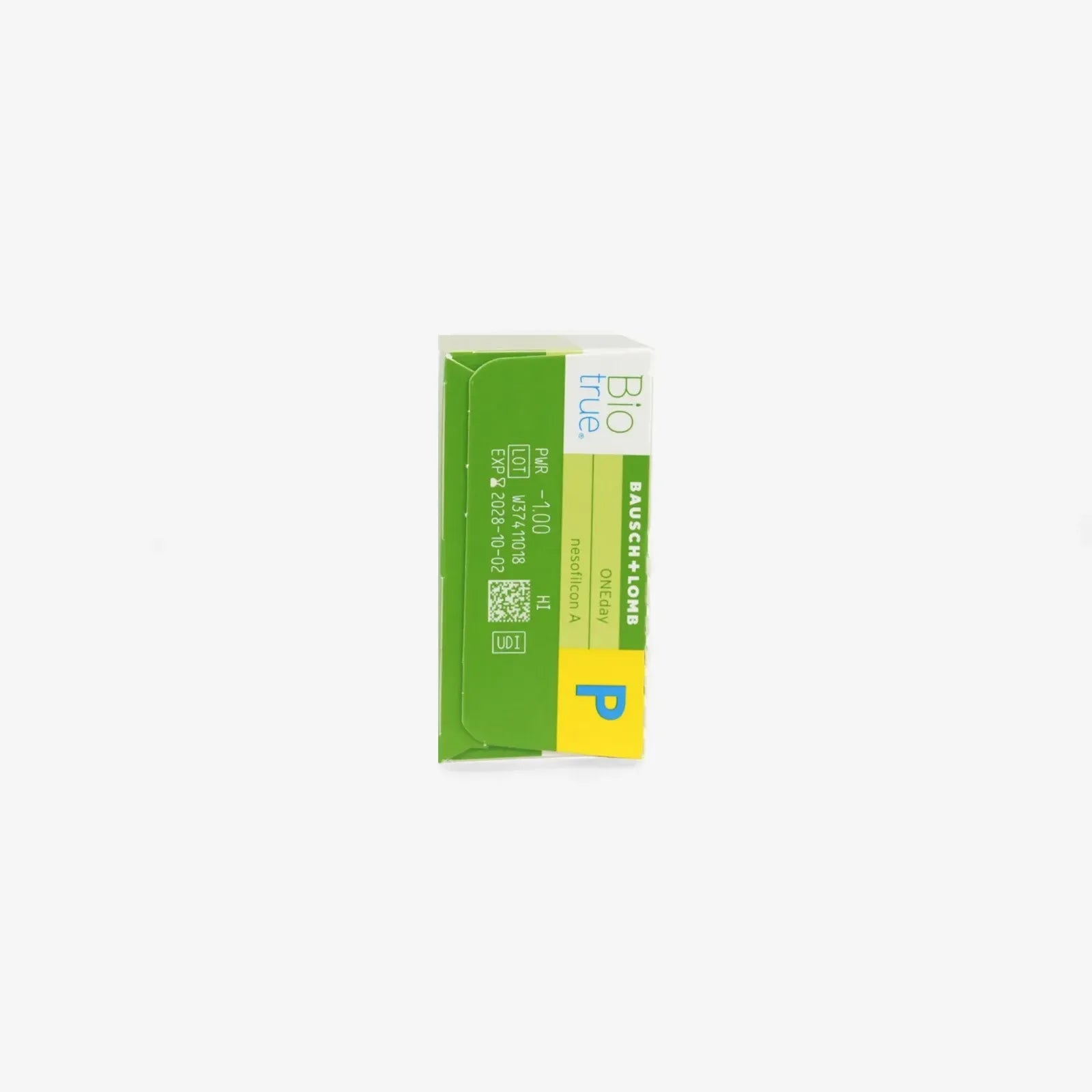 A green and white box of Biotrue 1Day For Presbyopia - 30 Pk daily disposable lenses with a yellow P label and prescription details on the side, shown against a white background.