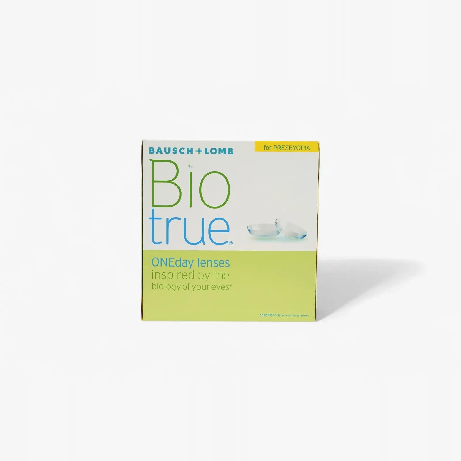 A 90-pack of Biotrue 1Day For Presbyopia daily disposable contact lenses, in a white and green box featuring an image of contact lenses on the front.