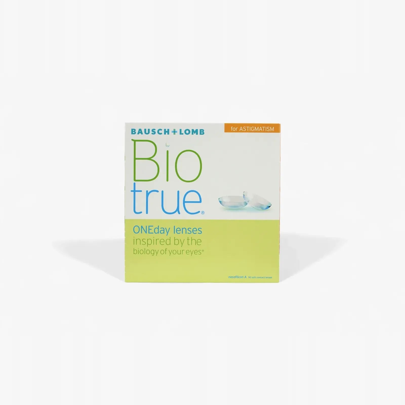A 90-pack box of Biotrue Oneday Toric lenses for astigmatism, offering all-day comfort and moisture. The packaging features green and blue text with lens imagery on a white and yellow background.