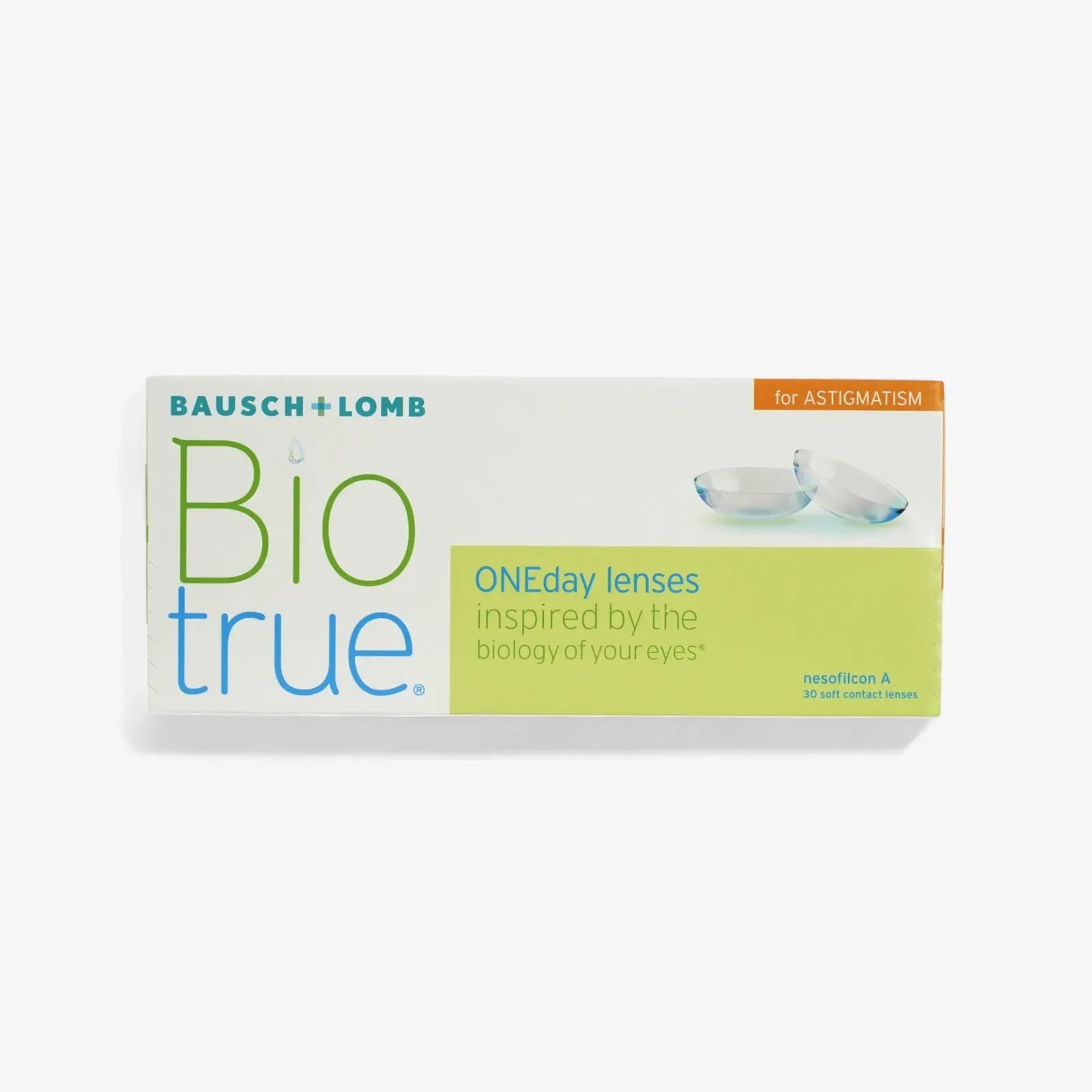 A 30-pack of Biotrue Oneday Toric daily contact lenses for astigmatism, featuring green-blue text on a white background and offering UV protection.