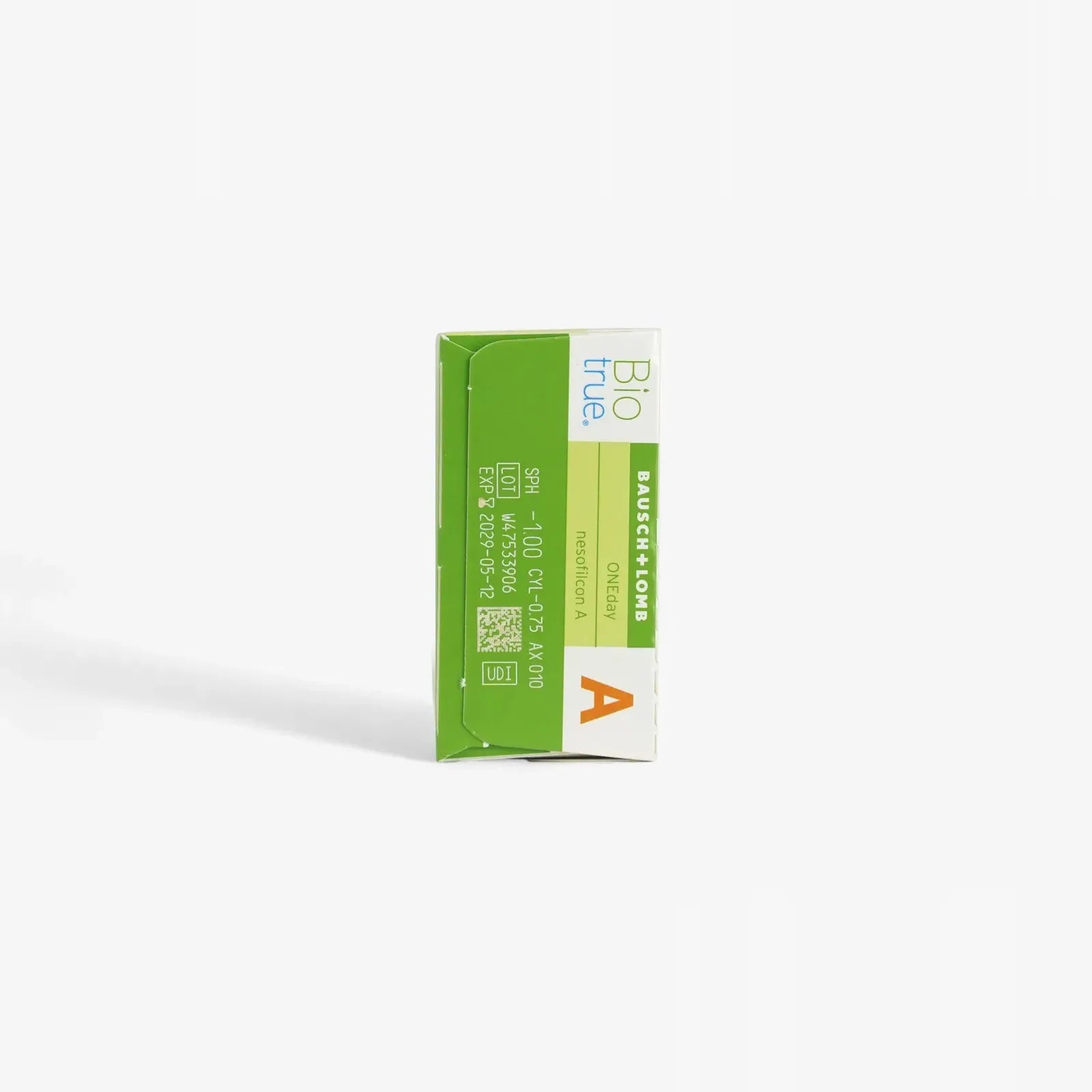 A 30-pack box of Biotrue Oneday Toric daily contact lenses in green and white packaging, featuring UV protection and product details printed on the visible edge.