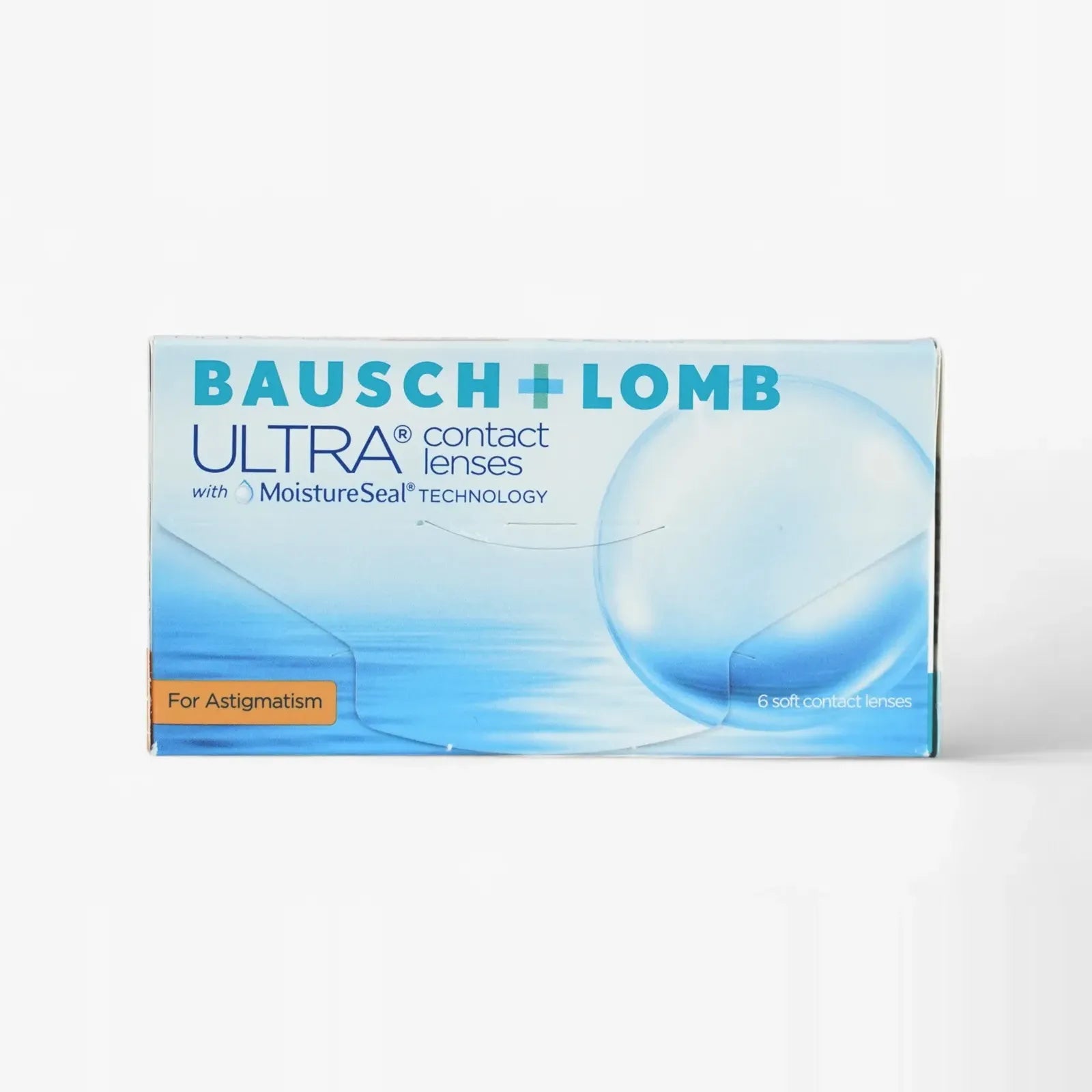 Ultra For Astigmatism - 6 Pk features MoistureSeal technology in a blue water-themed box, containing 6 soft contact lenses designed for astigmatism.