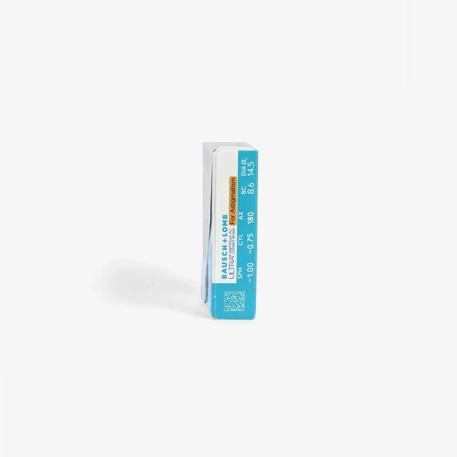 A blue and white Ultra For Astigmatism - 6 Pk box stands upright against a plain white background, displaying prescription details (-1.00, 8.6, 14.5) on its side and highlighting advanced MoistureSeal technology.