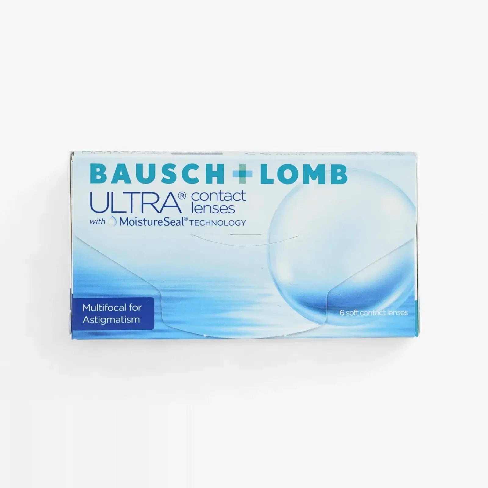 A box of Ultra Multifocal For Astig - 6 Pk contact lenses with MoistureSeal technology in blue and white packaging, designed for astigmatism and providing lasting comfort.