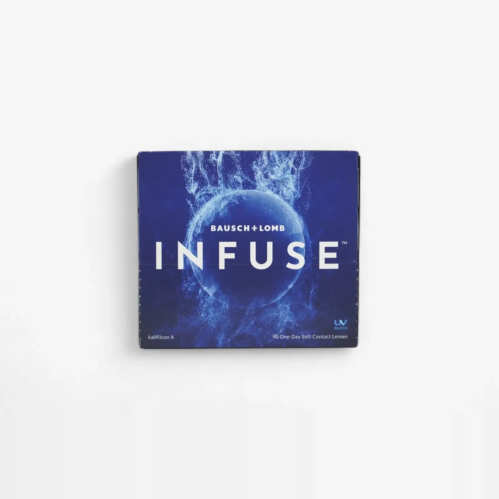 A blue box of B+L Infuse Sphere - 90Pk daily contacts displays a water splash design with bold white text on the front.