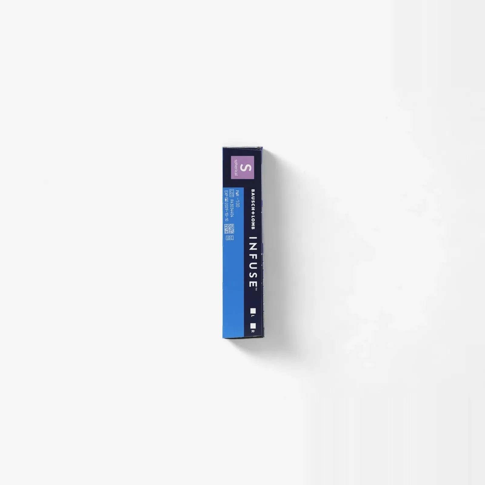 A rectangular box labeled B+L Infuse Sphere - 90Pk with a purple S on one end sits on a white surface. The blue box, with white and purple accents, highlights ProBalance Technology for daily contact lenses.