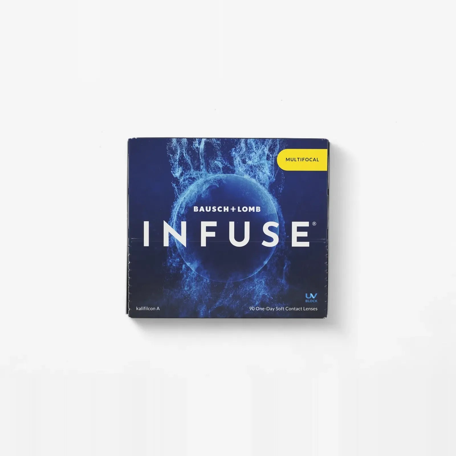 A box of B+L Infuse Multifocal - 90 Pk daily lenses features a blue design with white text, emphasizing ProBalance Technology for all-day comfort.
