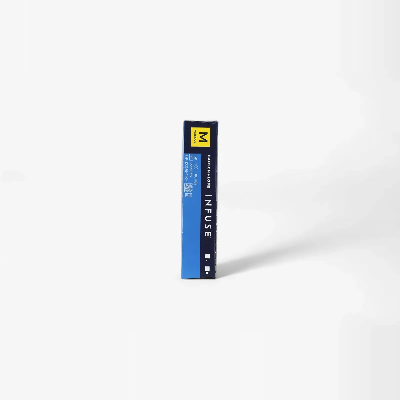 A blue and black rectangular box labeled B+L Infuse Multifocal - 90 Pk stands upright against a white background, featuring a yellow M logo at the top that highlights its innovative daily lenses with ProBalance Technology.