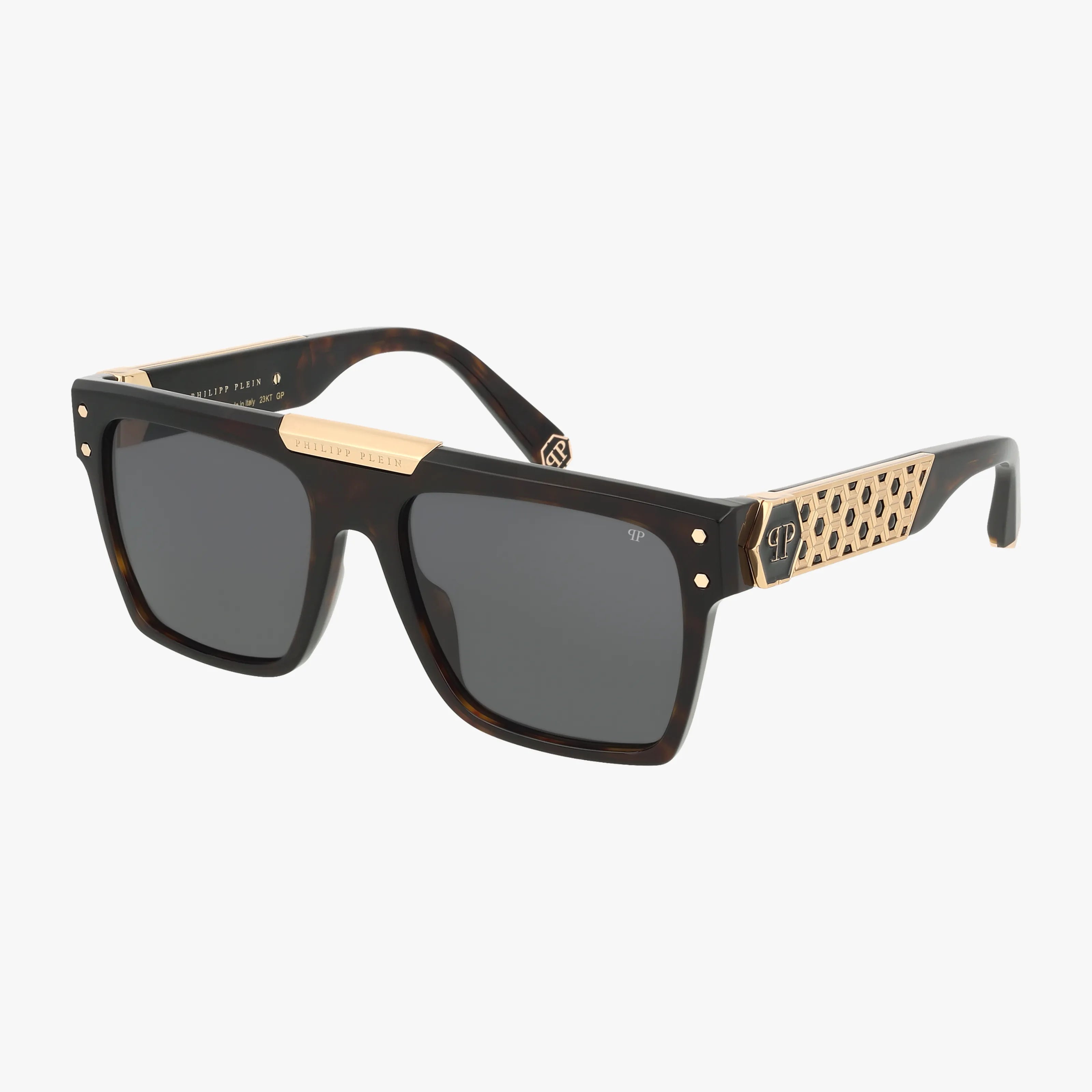 The SPP080 features rectangular tortoiseshell frames with dark lenses, gold accents on the top and temples, and a gold geometric pattern on the arms.