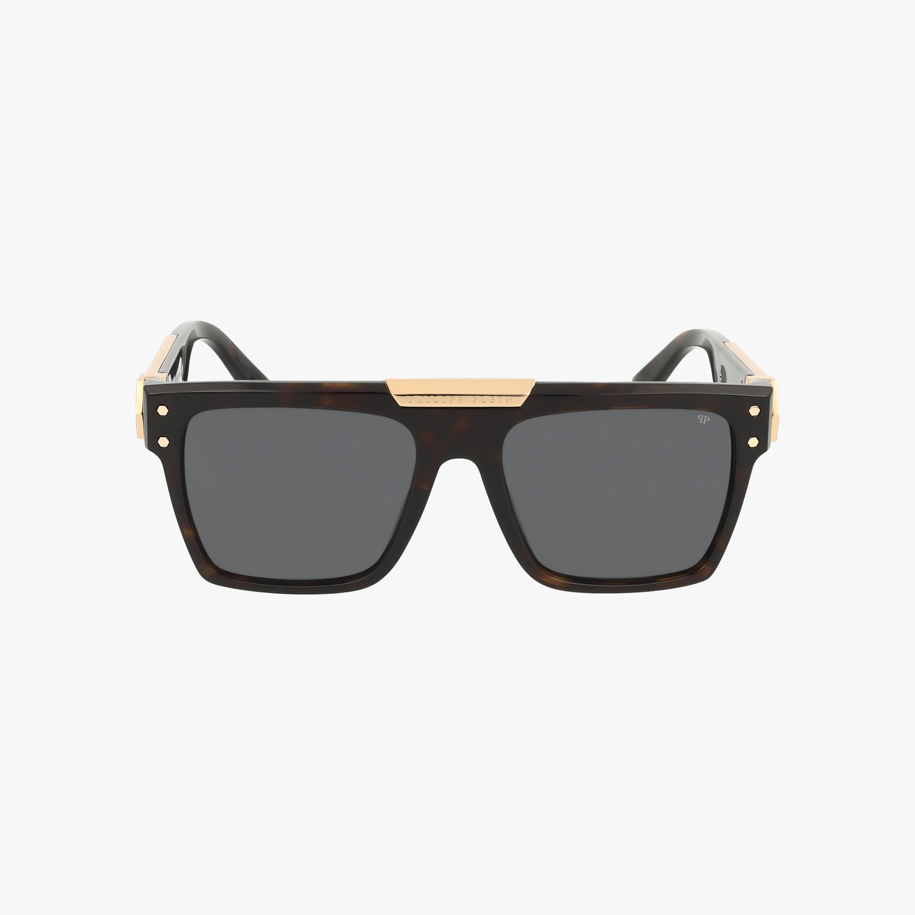 Front view of SPP080 sunglasses featuring a dark tortoiseshell frame, oversized square black lenses, and gold accents on the top and hinges, set against a white background.