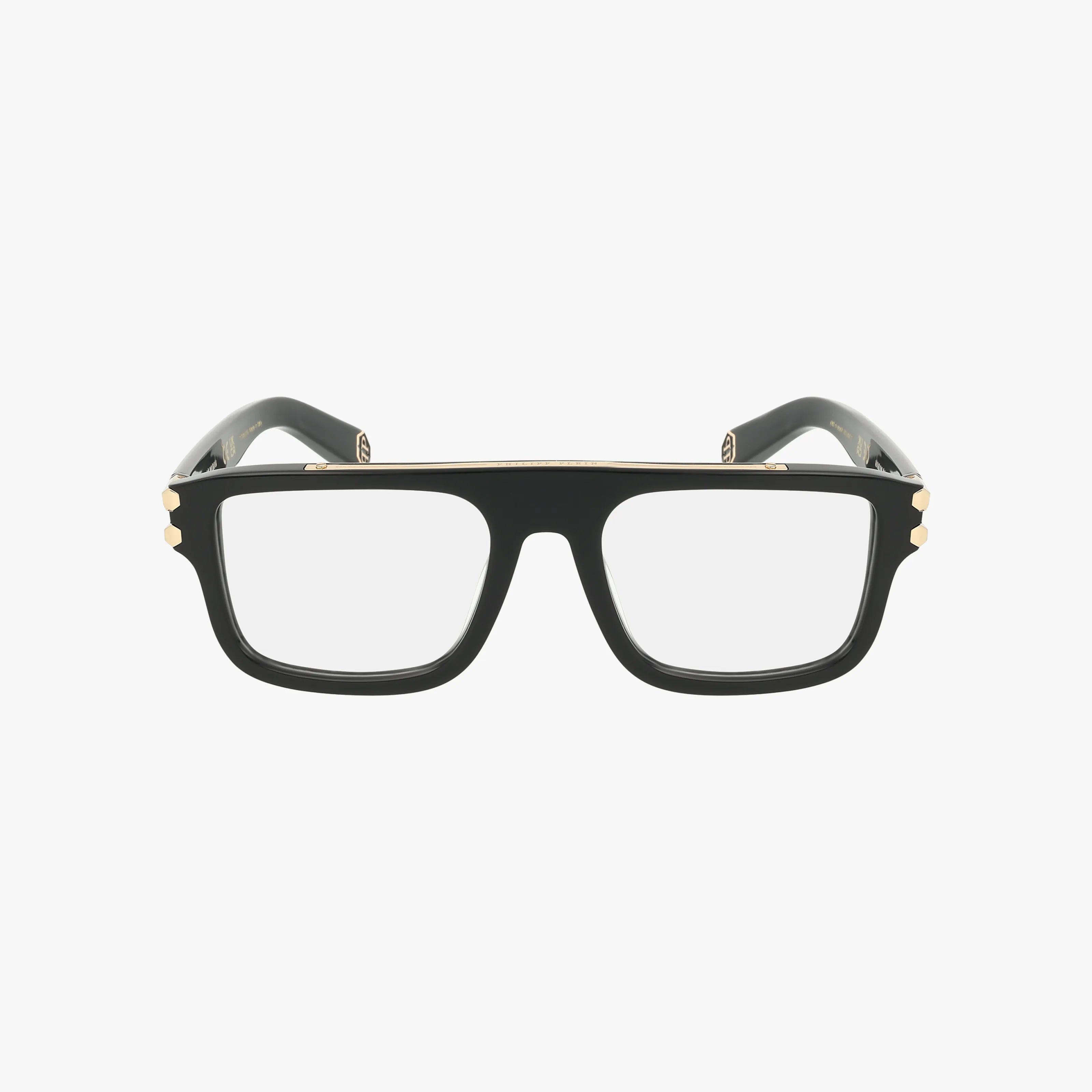 VPP021V black rectangular eyeglasses with thick frames, gold accents on the front corners, and clear lenses shown against a white background.