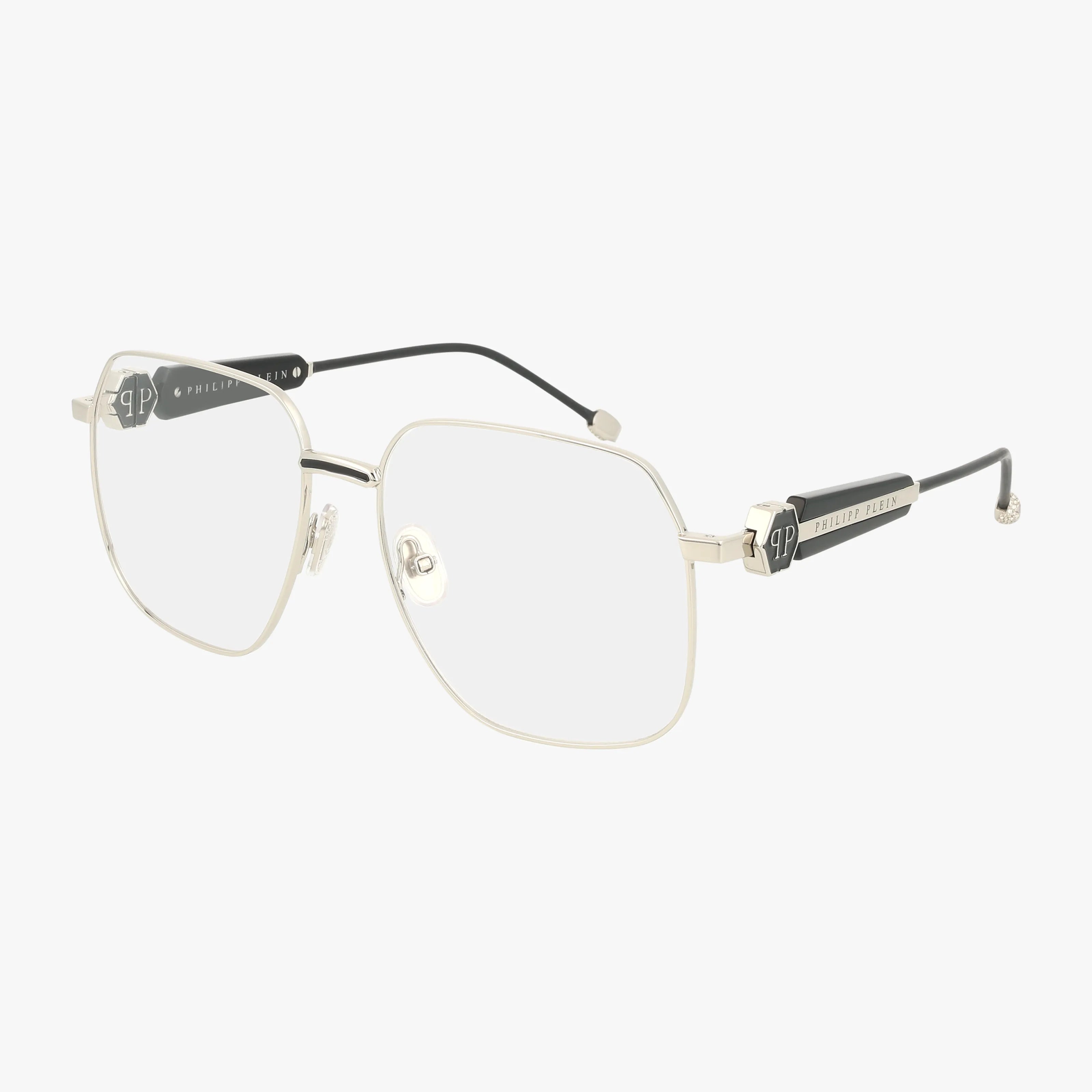 The VPP126S features silver rectangular eyeglasses with thin metal frames, black arms adorned with a geometric pattern and metallic accents, AP logo details on the hinges, and clear lenses without any visible tint.