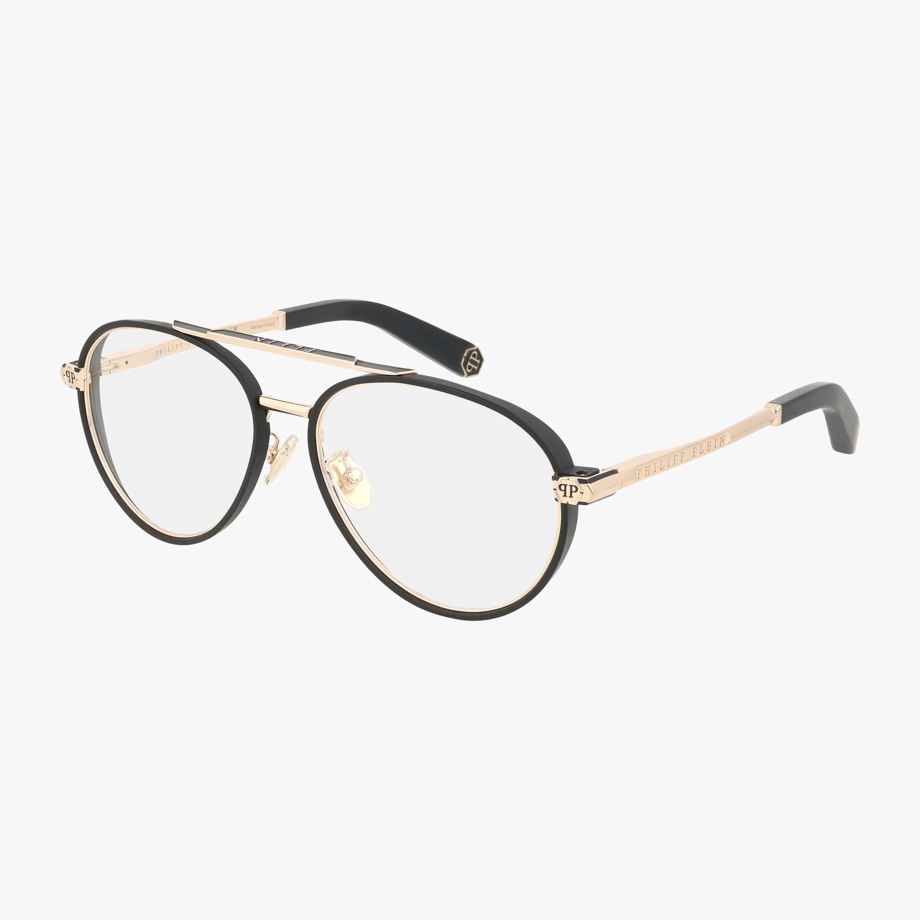 The VPP137M eyeglasses feature an aviator style with black rims and gold metal temples and bridge, shown against a white background.