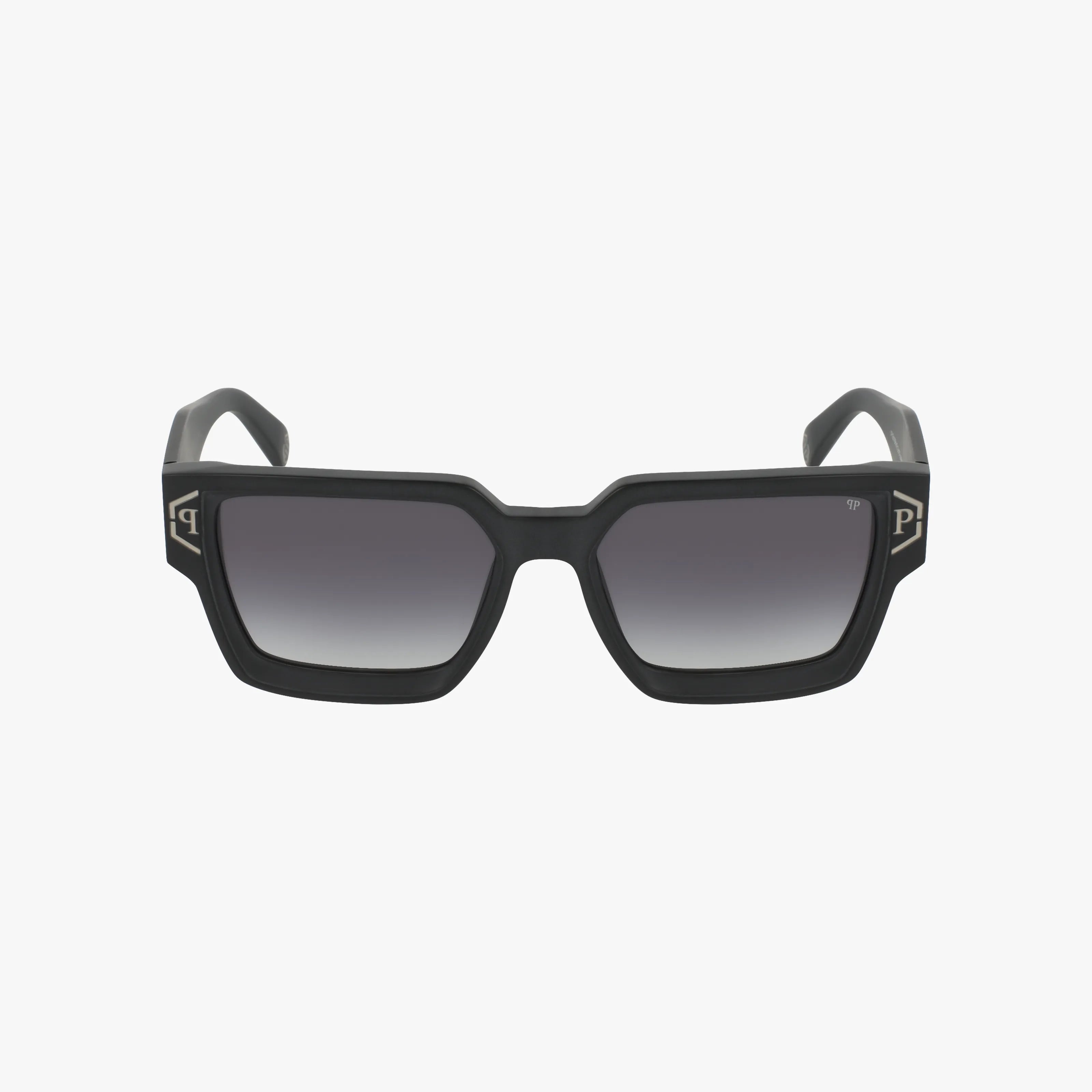 The SPP005V sunglasses are black, oversized square frames with a sleek design, durable build, dark gradient lenses, and metallic triangular accents on the upper corners, shown against a plain white background.