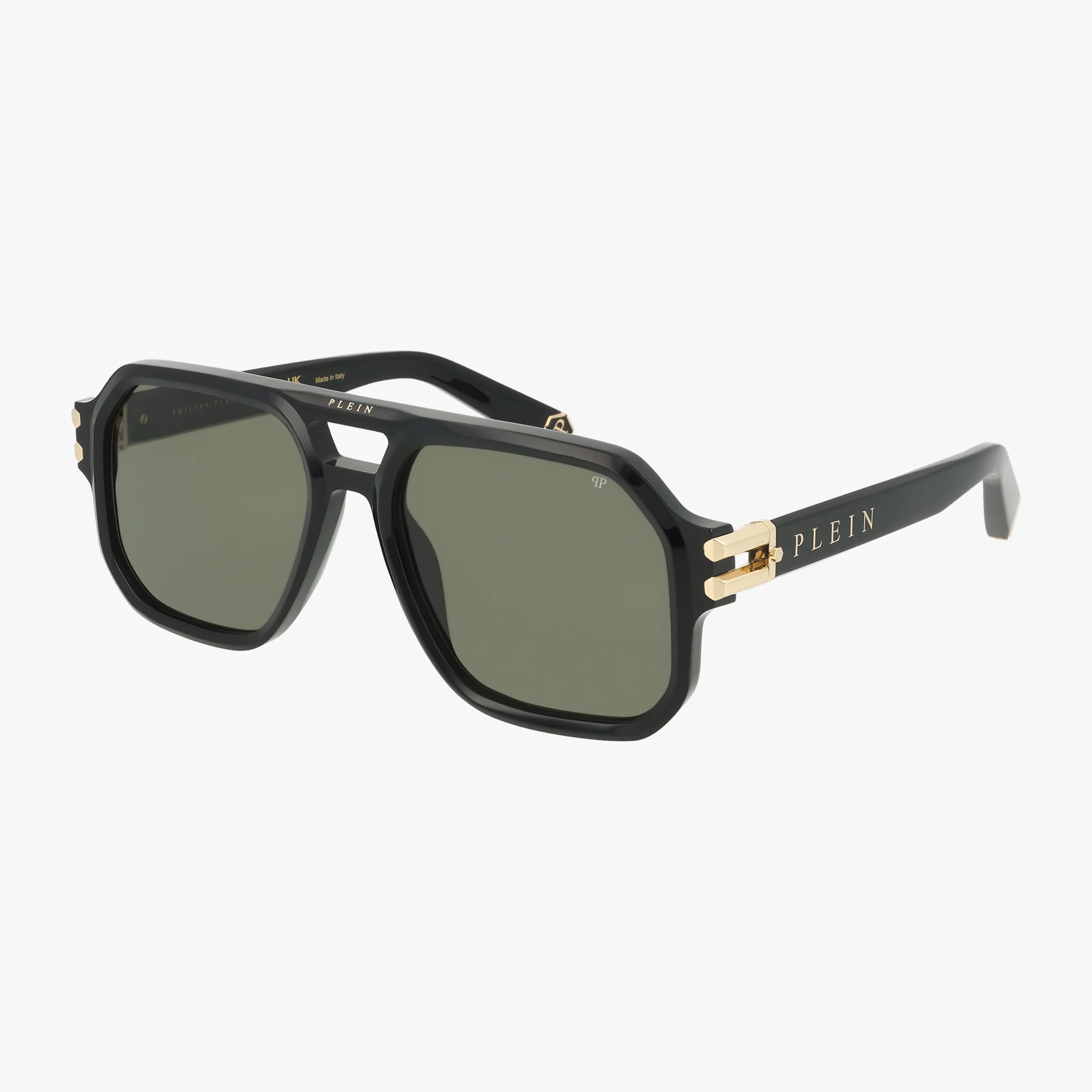 The SPP148M features black rectangular frames with dark lenses, gold hinge accents, and PLEIN in gold on the temples. Its bold, modern design stands out against a plain white background.