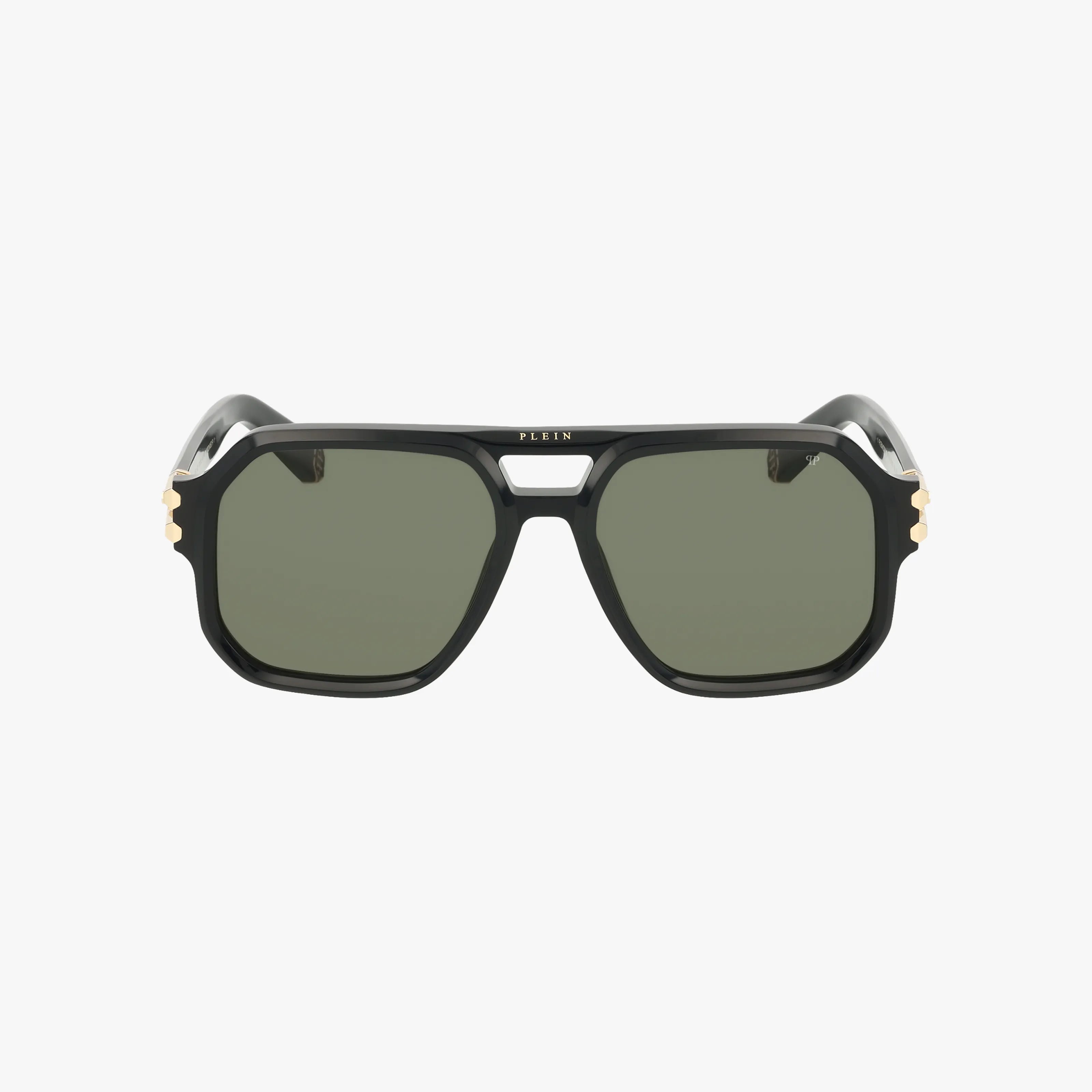 Front view of SPP148M sunglasses: black rectangular frame, dark lenses, gold accents on corners, and PLEIN lettering on the top bridge, shown against a white background.