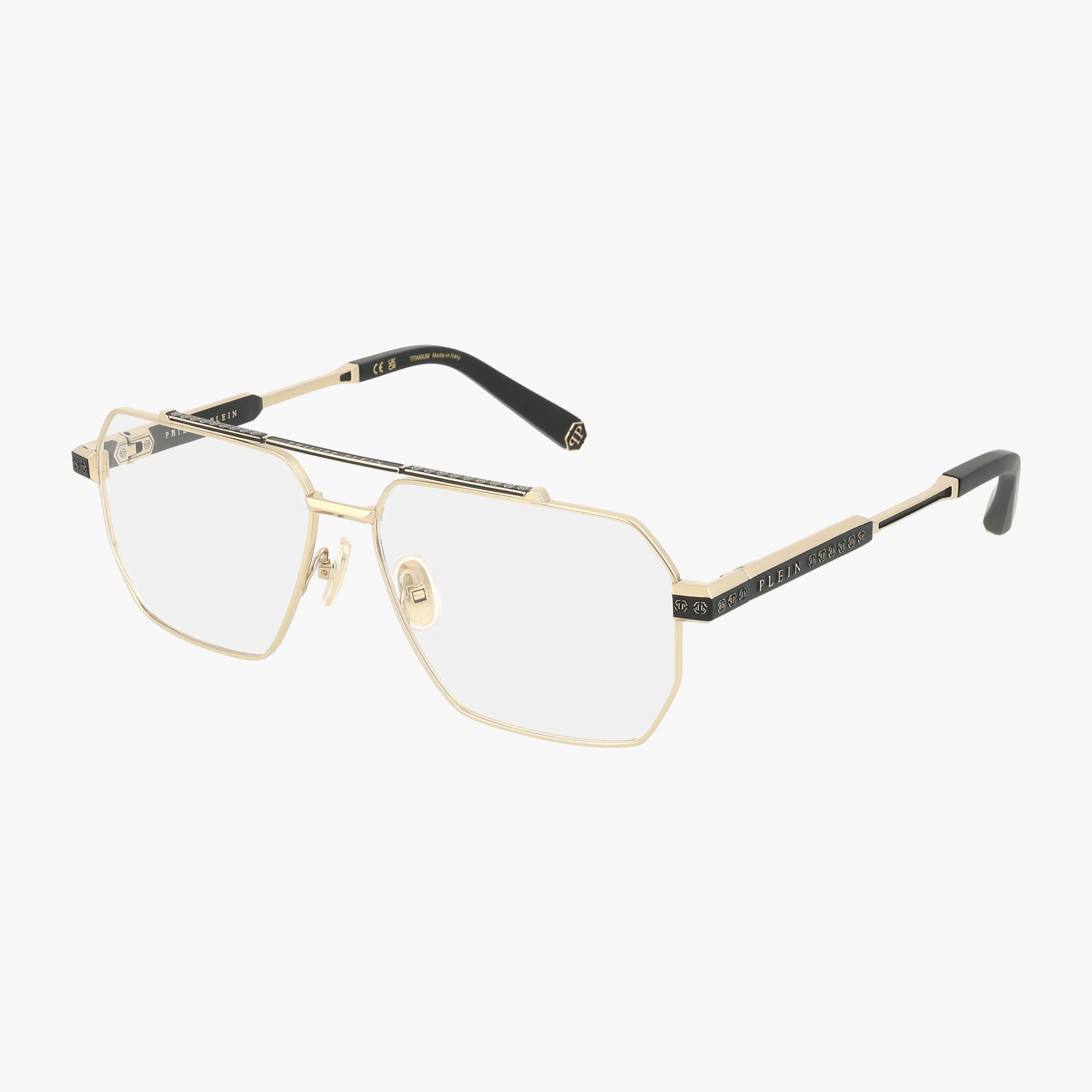 The VPP157M eyeglasses feature gold metal geometric frames with angular design, clear lenses, black temple tips, and gold detailing along the temples. Displayed on a plain white background.