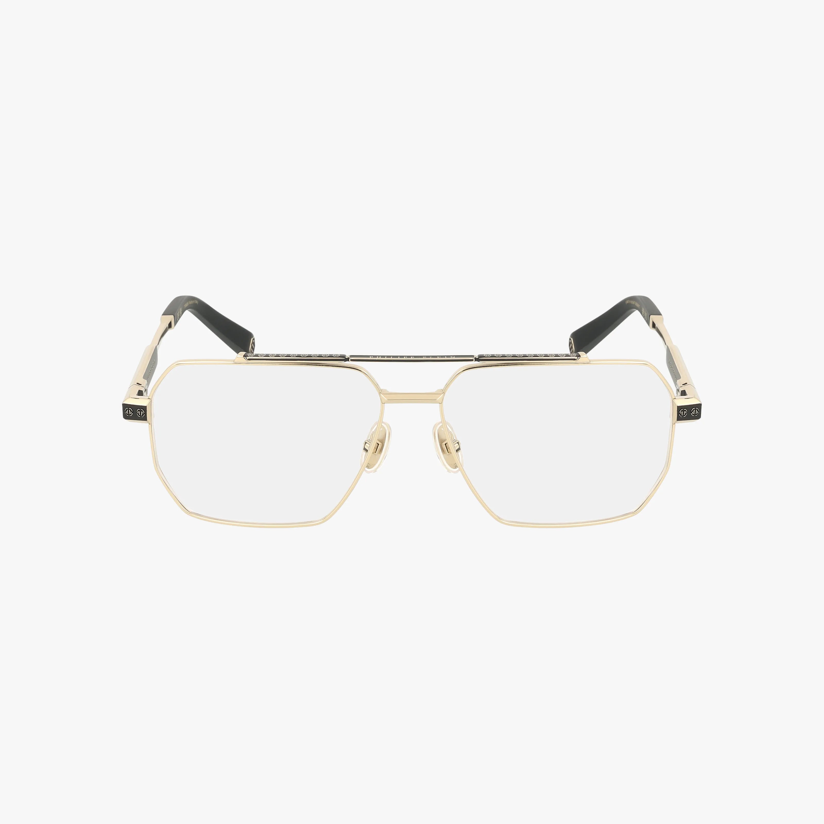 VPP157M gold geometric eyeglasses feature a double bridge, clear lenses, and black temple tips, shown on a white background.