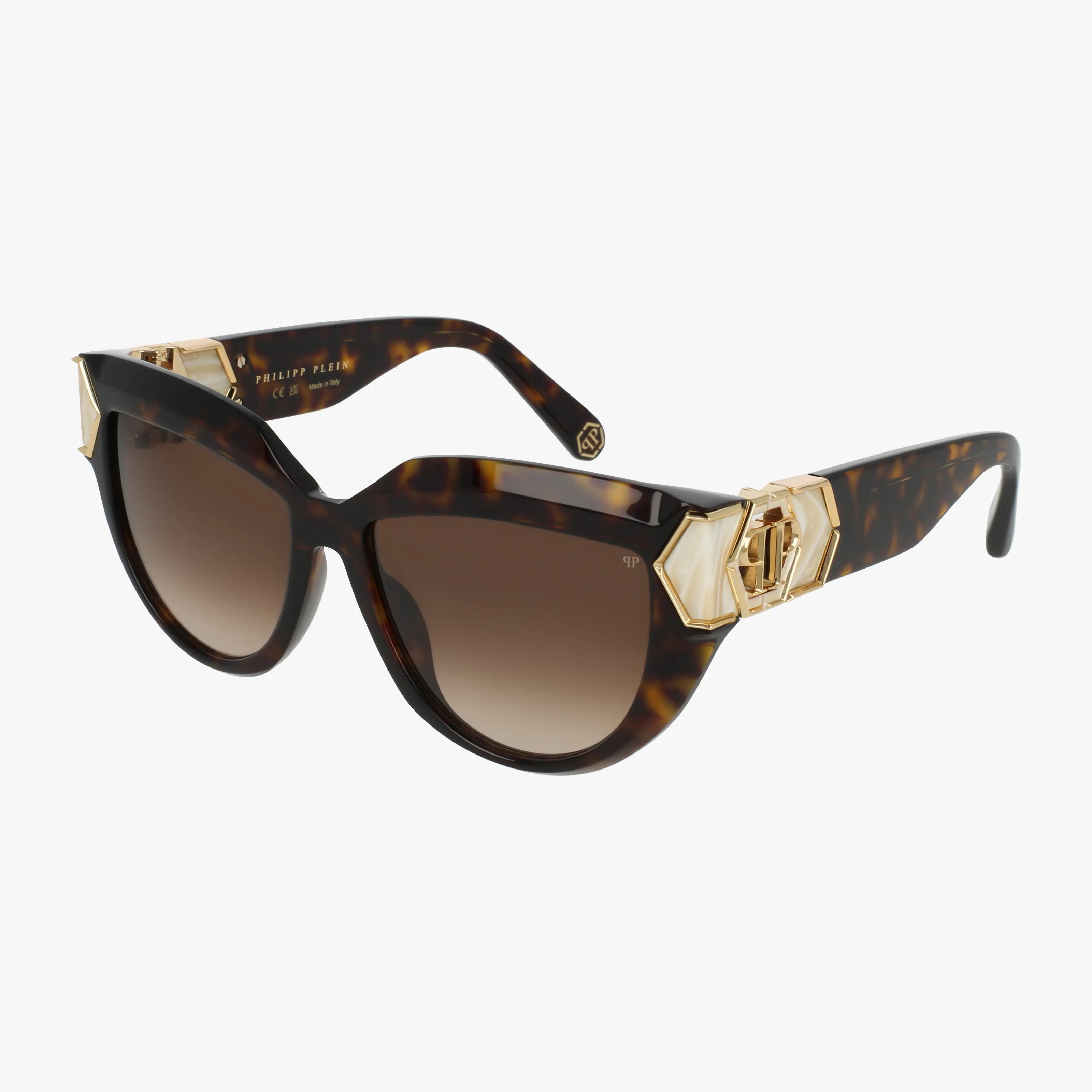 The SPP176M sunglasses feature a sturdy tortoiseshell frame, rounded gradient brown lenses, and gold-tone geometric temple accents, offering stylish sun protection, shown on a white background.