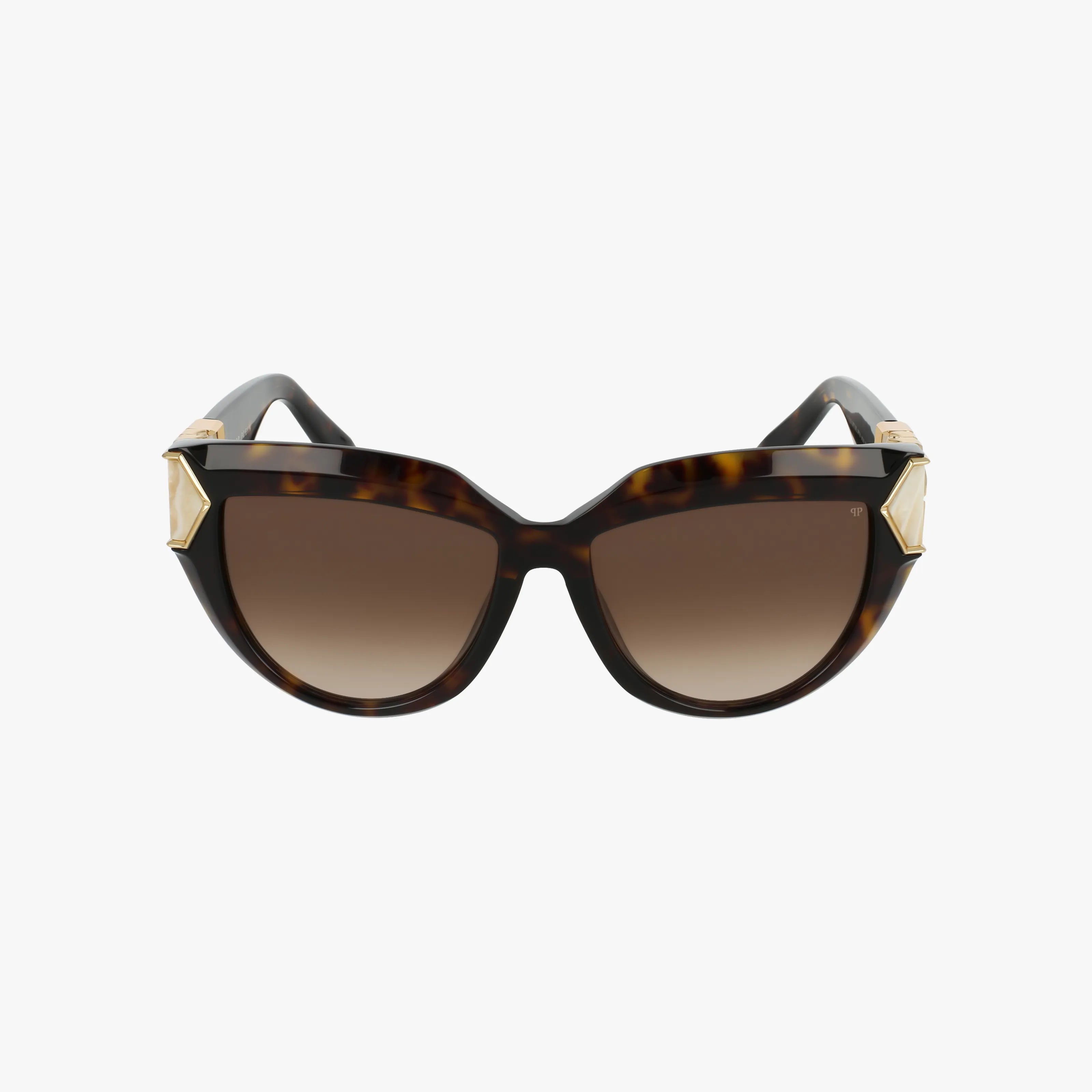 The SPP176M sunglasses feature a tortoiseshell cat-eye frame with gradient brown lenses and gold corner accents for chic style and sun protection, displayed on a white background.