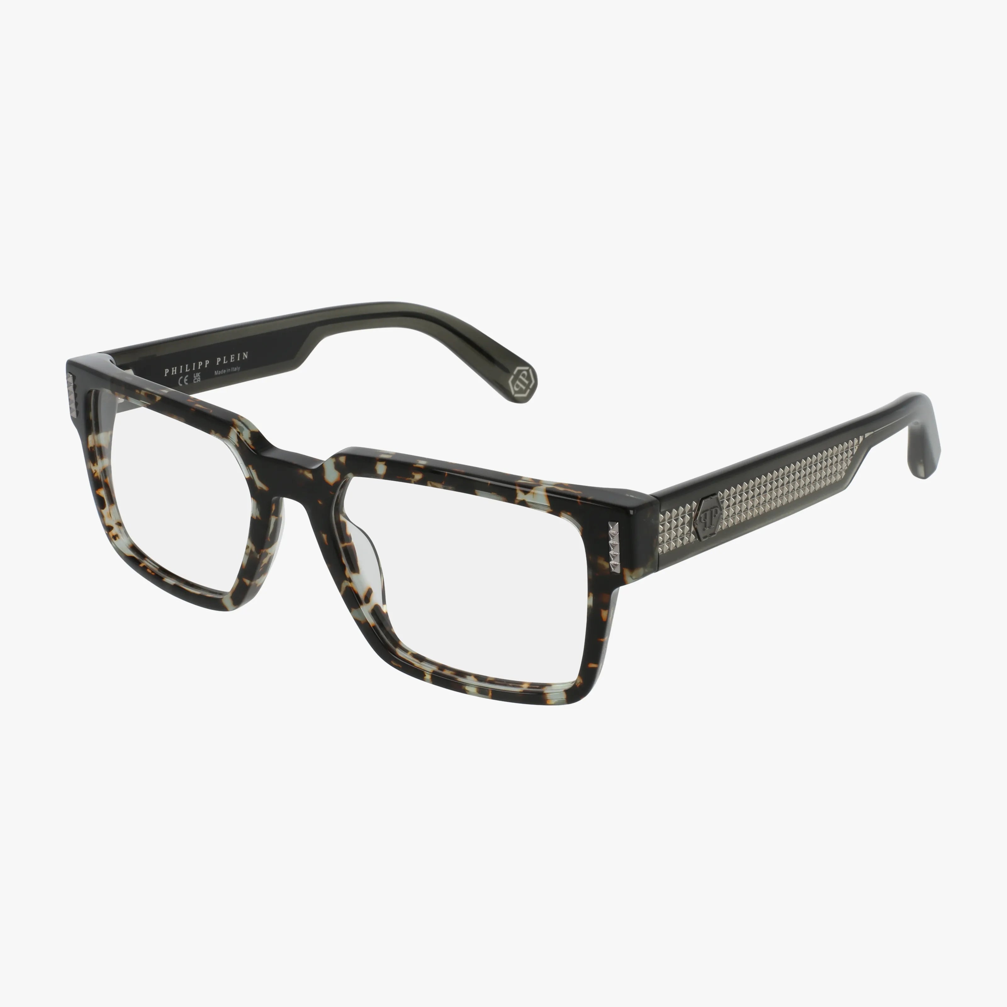 The VPP193M features rectangular tortoiseshell eyeglasses with thick, durable frames, clear lenses, and studded temple arm accents for a contemporary look.