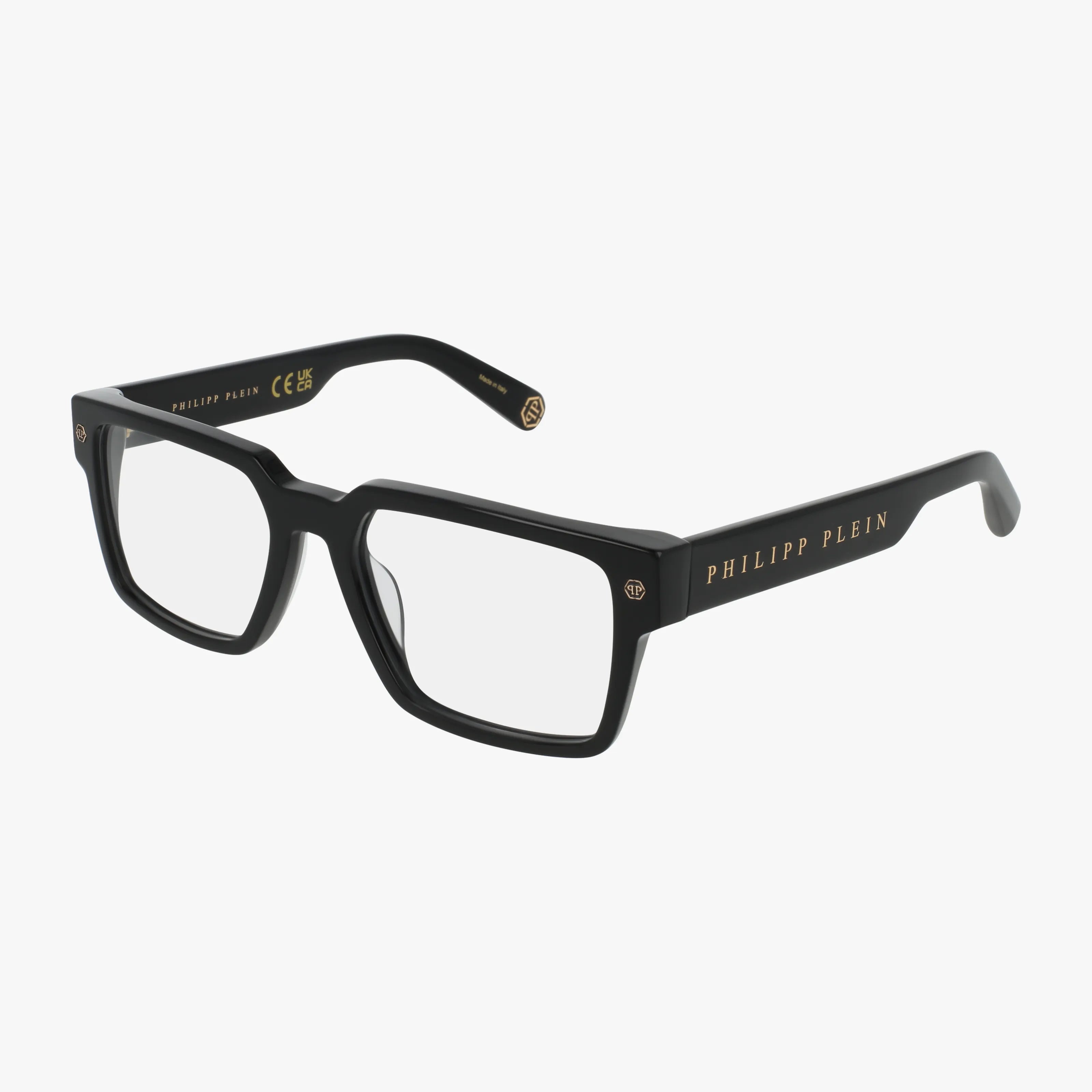 The VPP193V features black rectangular frames with clear progressive lenses, gold PHILIPP PLEIN branding on the temples, and gold hinge accents, shown against a white background.