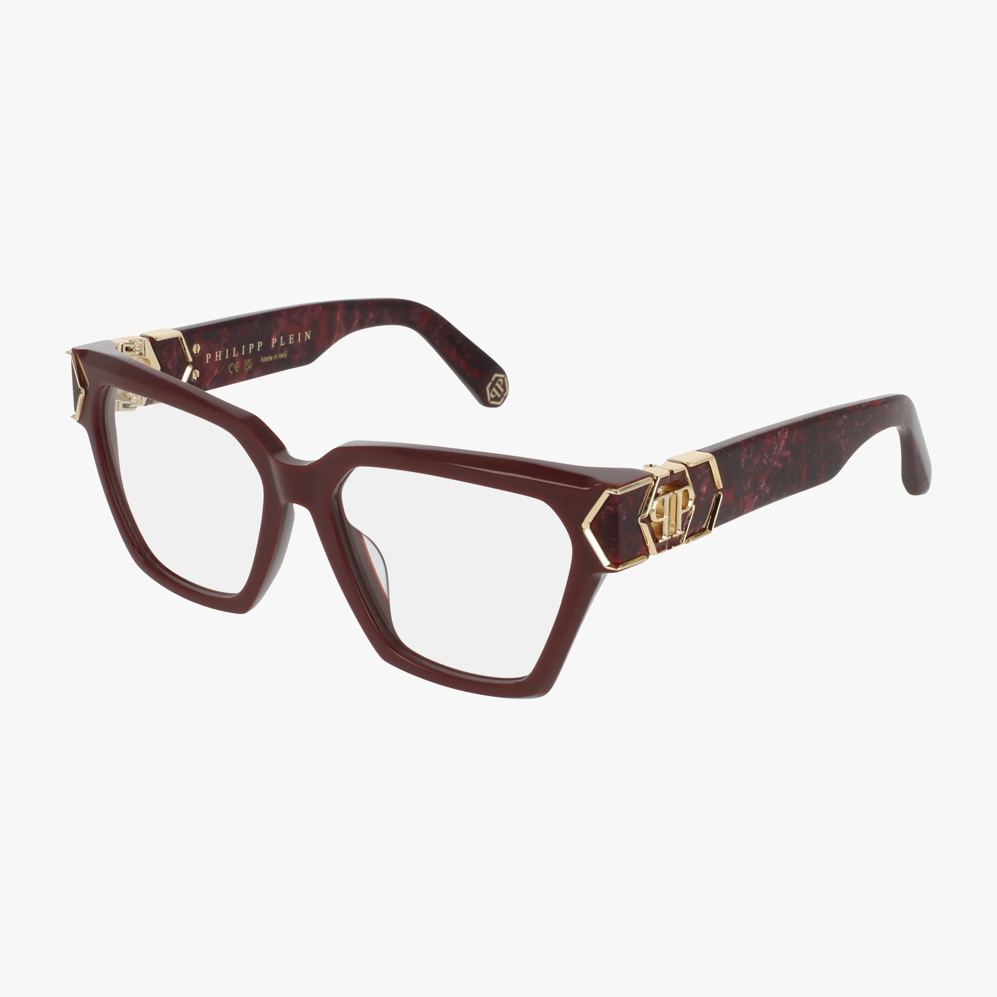 The VPP190M features stylish, square-shaped eyeglasses with dark maroon frames and gold metal hinge accents, highlighting robust design and branded arms for lasting elegance against a white background.