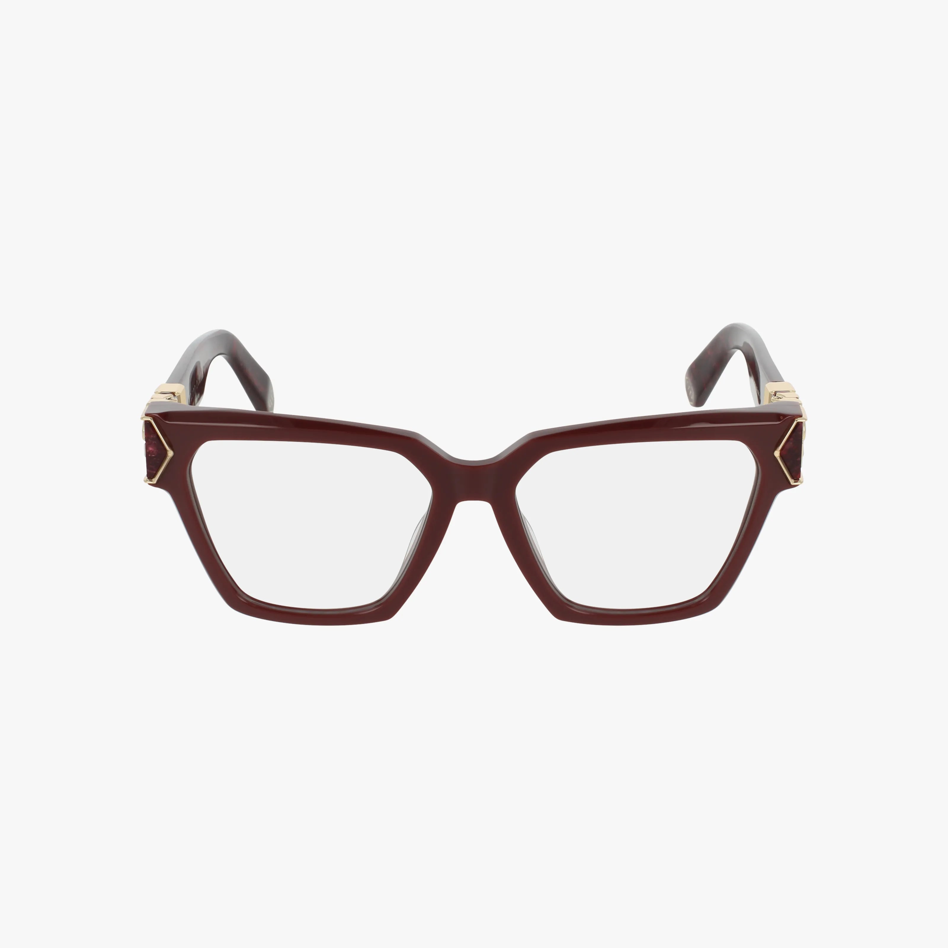 Front view of VPP190M eyeglasses featuring thick, dark burgundy square frames, clear lenses, and gold accents on the upper corners near the temples, highlighting a robust and elegant design against a white background.