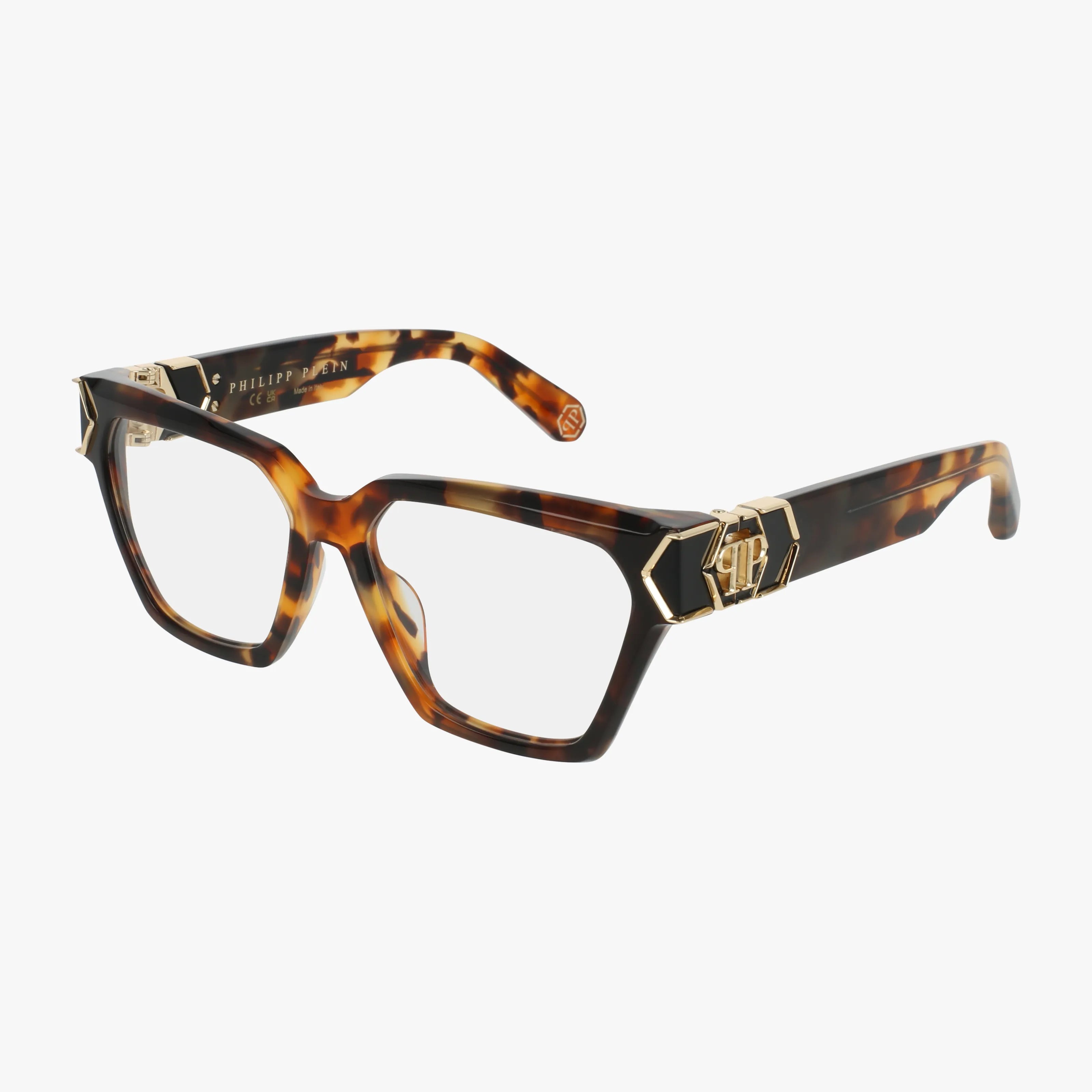The VPP190M eyeglasses feature tortoiseshell rectangular thick frames, gold decorative temple accents, and a small gold logo near the hinges, offering lasting elegance on a white background.