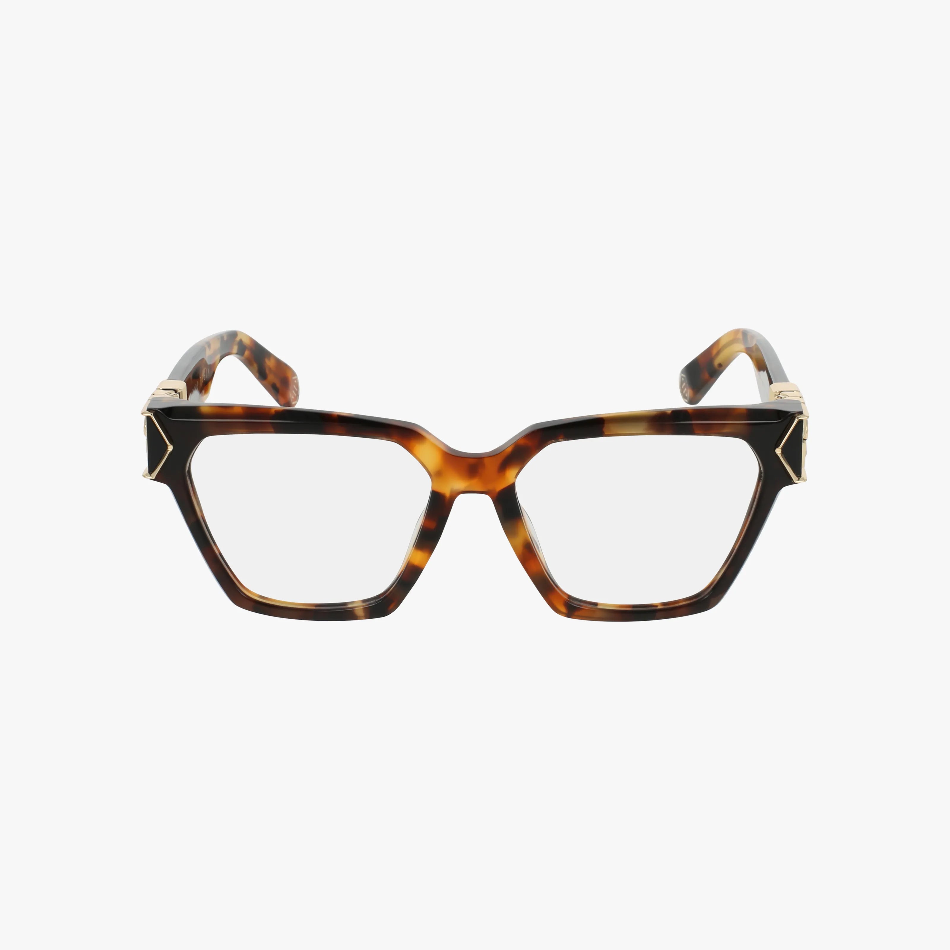 The VPP190M features tortoiseshell rectangular eyeglasses with thick frames and gold accents on the upper corners, showcasing a robust, elegant design against a white background.