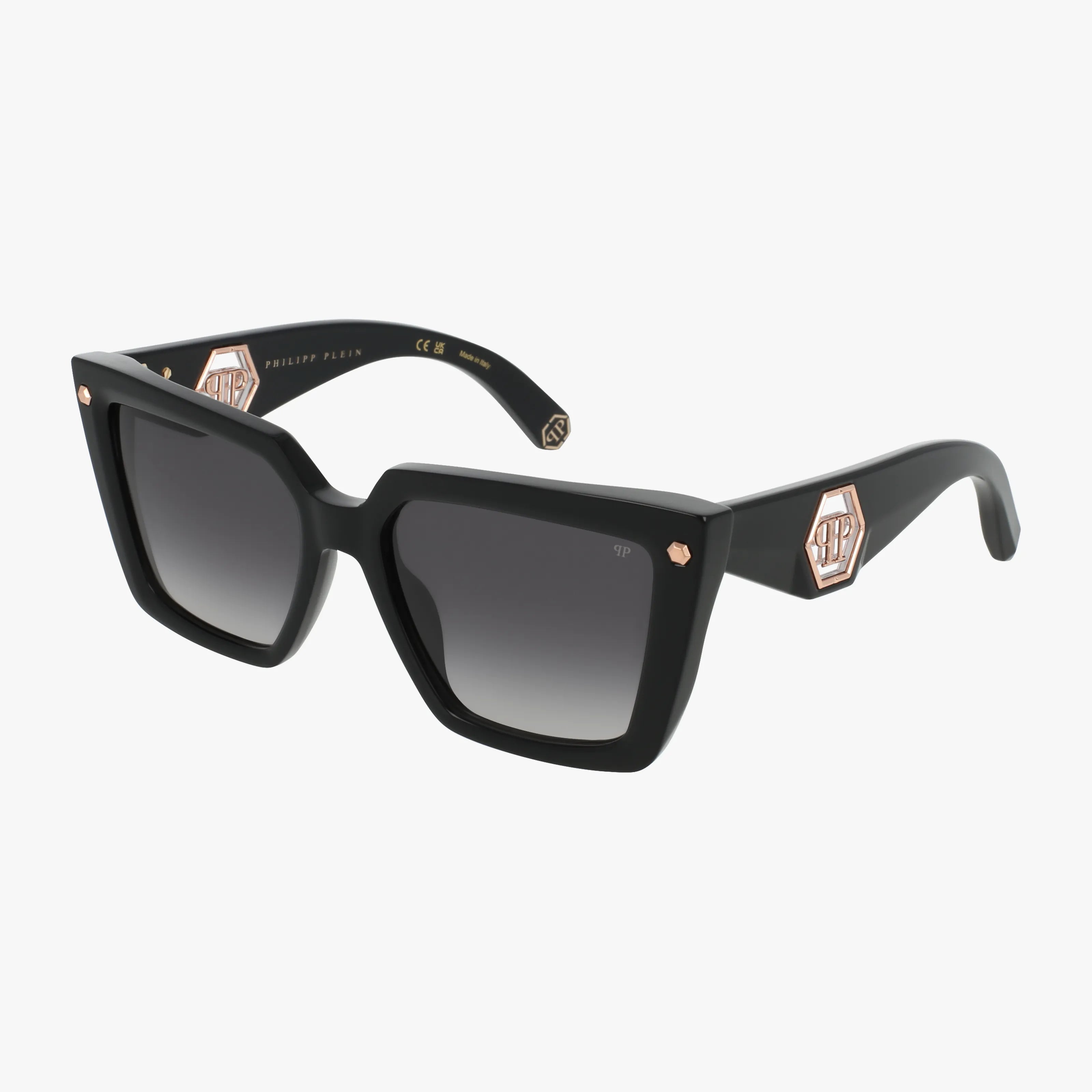 The SPP178 sunglasses feature a black square frame, dark gradient lenses with UV protection, and gold hexagonal logo details on the temples, shown against a plain white background.